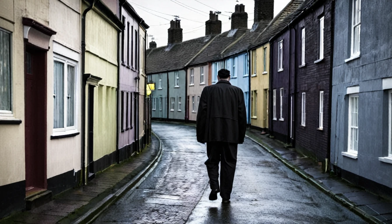 man walking, sinister street full of houses