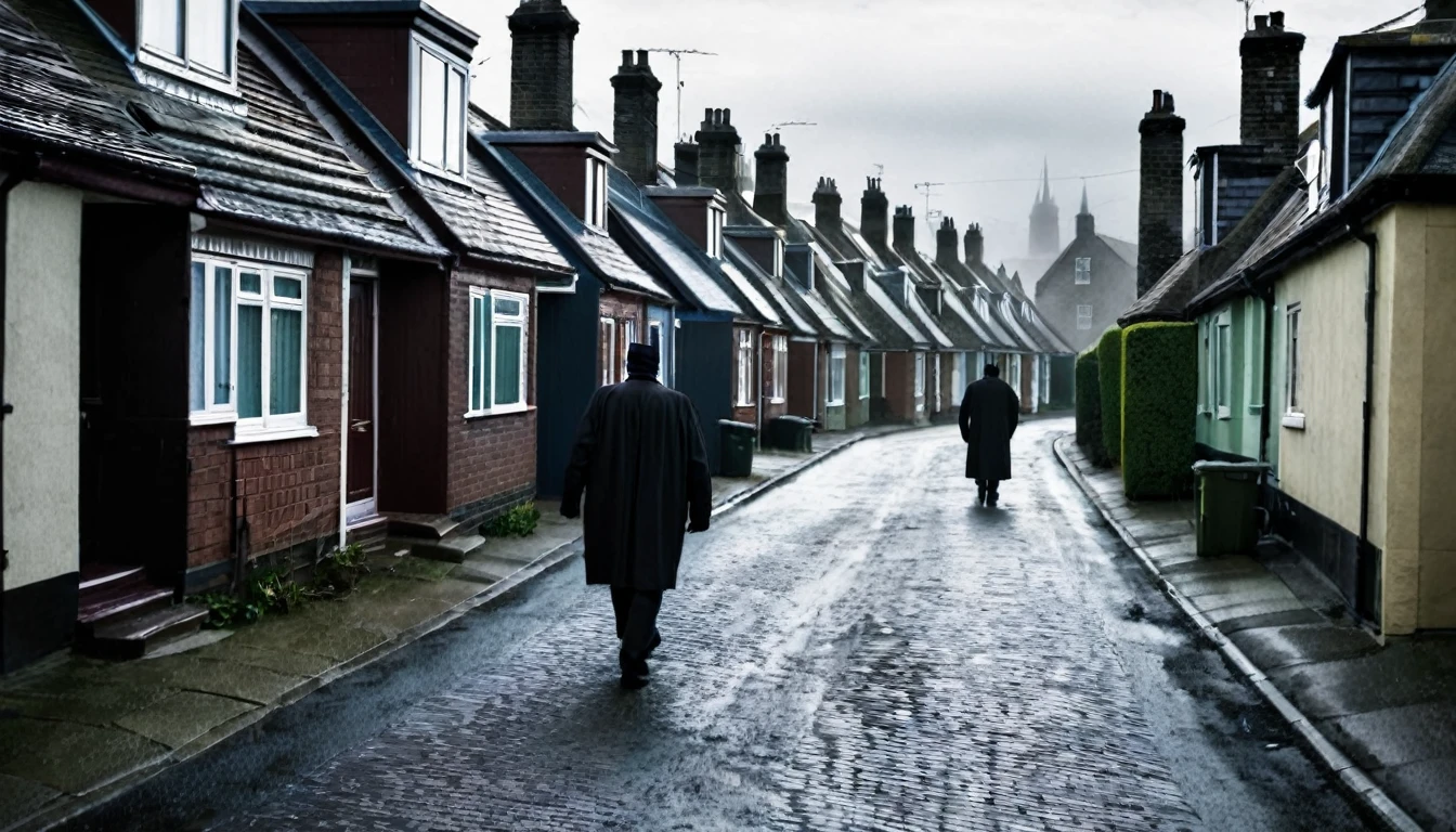 man walking, sinister street full of houses