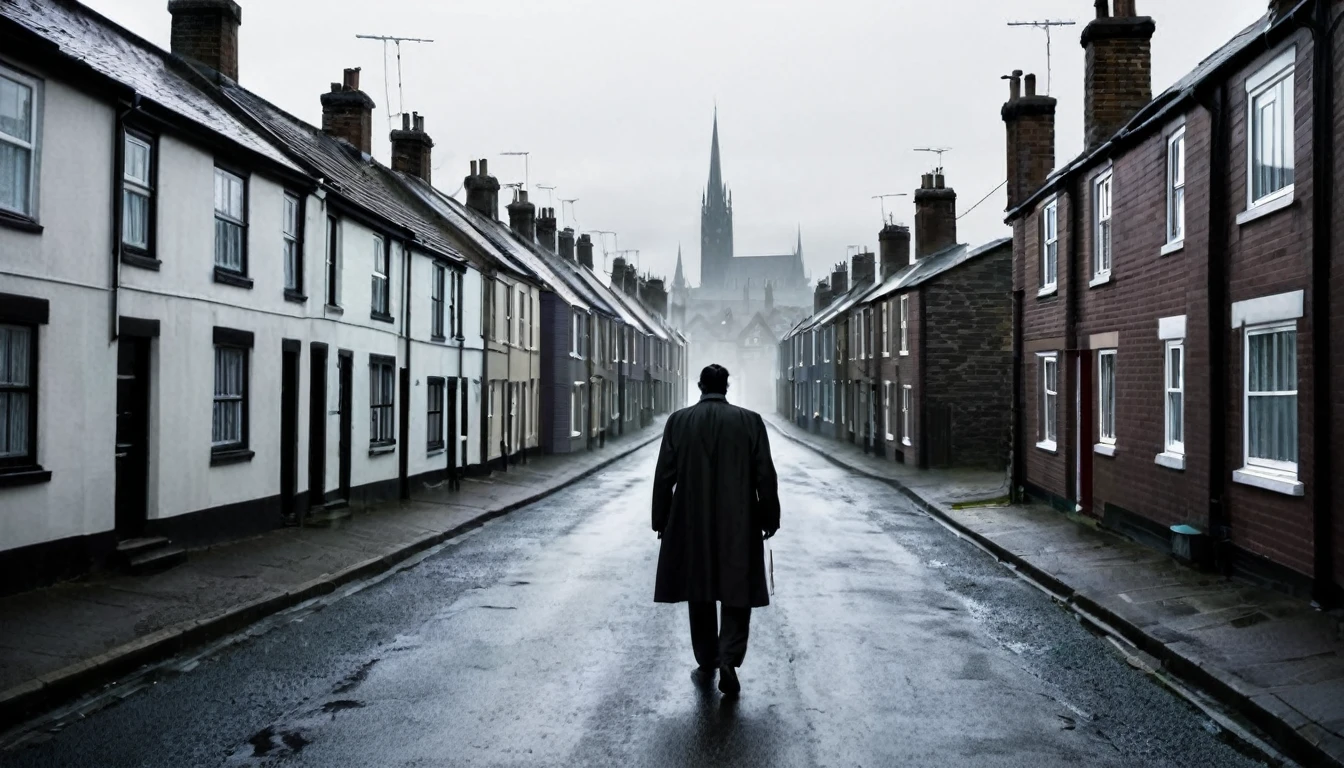 man walking, sinister street full of houses