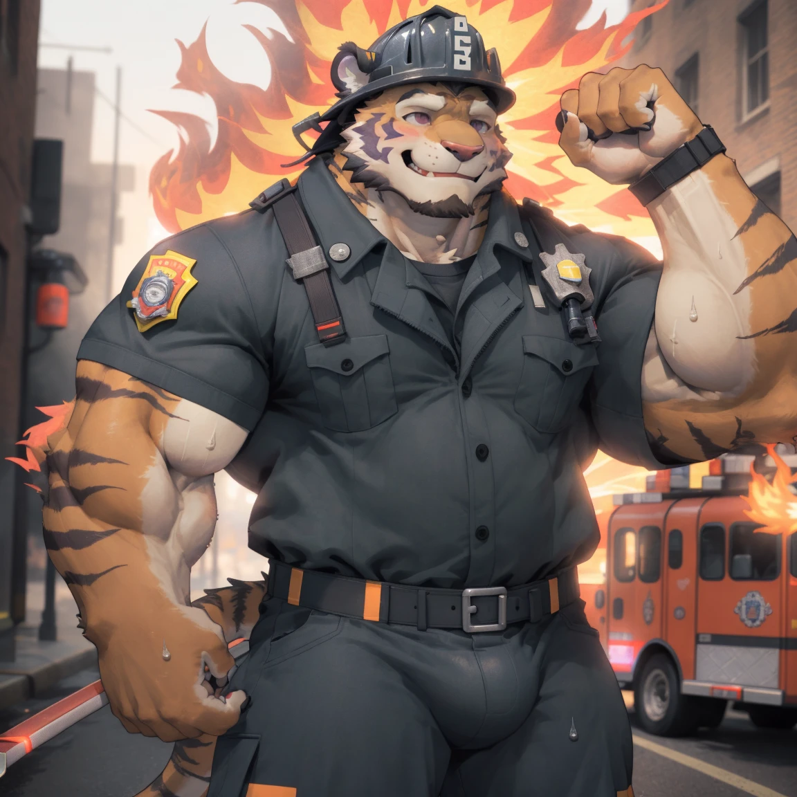 masterpiece, best quality, 8k resolution, Very detailed, hairy,tiger,((red hair)),muscle,Strong,超大muscle,((Sweating)),(((Purple Eyes))),For the audience,(((firefighter clothing))),portrait,(((helmet))),(Highest quality scene),(((fire truck))),on the street,(((smiling))),(((Hip bulge))),(((Ultra clear eyes)),(((Blushing))),((Solitary)),((whole body))