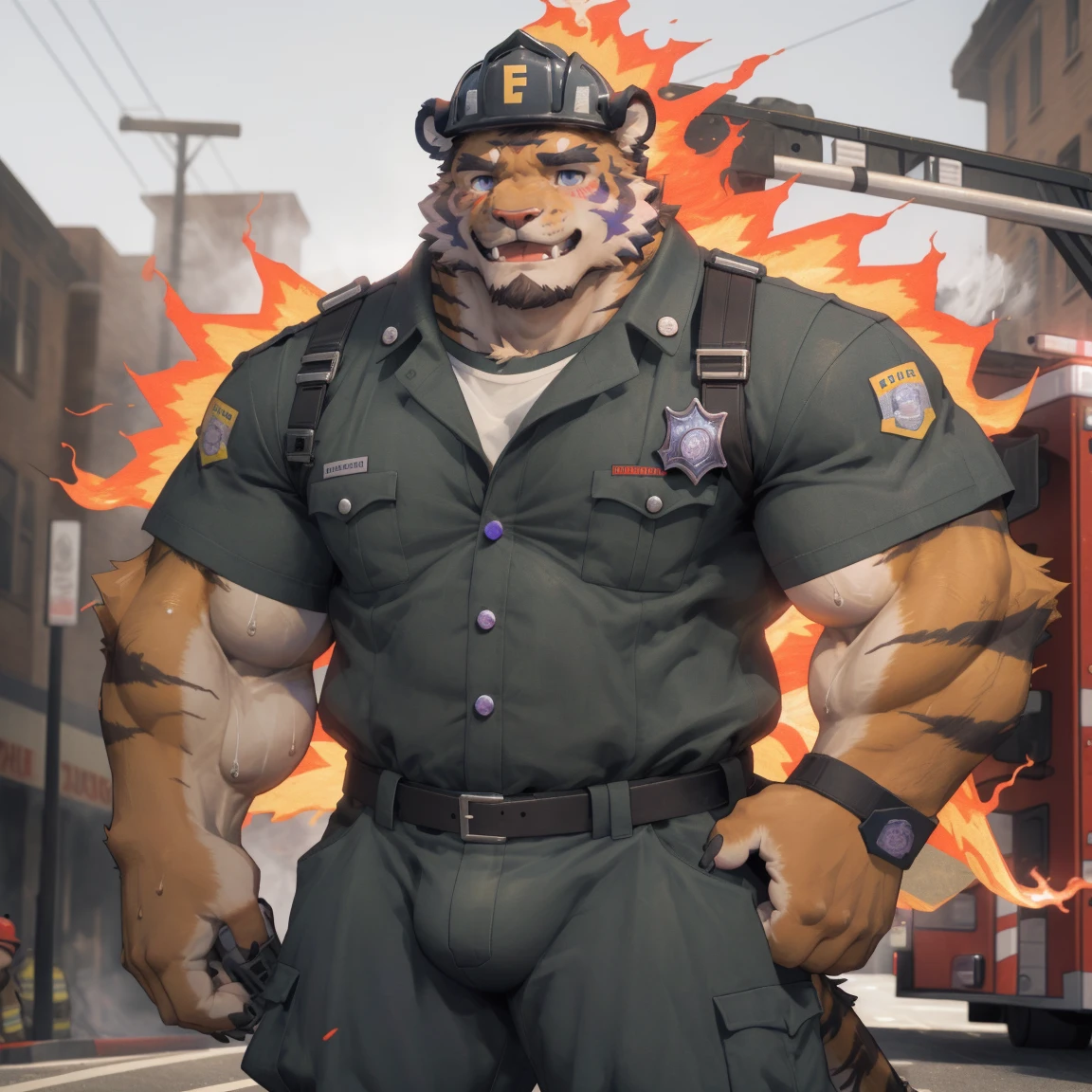 masterpiece, best quality, 8k resolution, Very detailed, hairy，tiger，((red hair))，muscle，Strong，超大muscle，((Sweating))，(((Purple Eyes)))，For the audience，(((firefighter clothing)))，portrait，(((helmet)))，(Highest quality scene)，(((fire truck)))，on the street，(((smiling)))，(((Hip bulge)))，(((Ultra clear eyes))，(((Blushing)))，((Solitary))，((whole body))