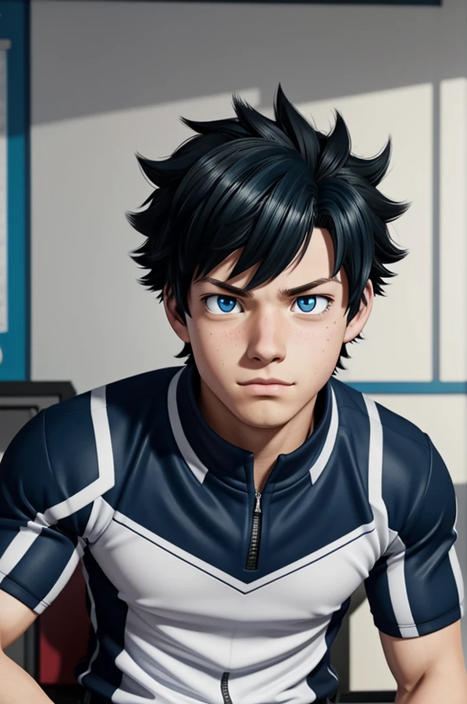 Captura de pantalla de my hero academia.
A boy with heterochromia with a serious but attractive expression and black hair with blue highlights, He wears the UA uniform and has a classroom in the background.