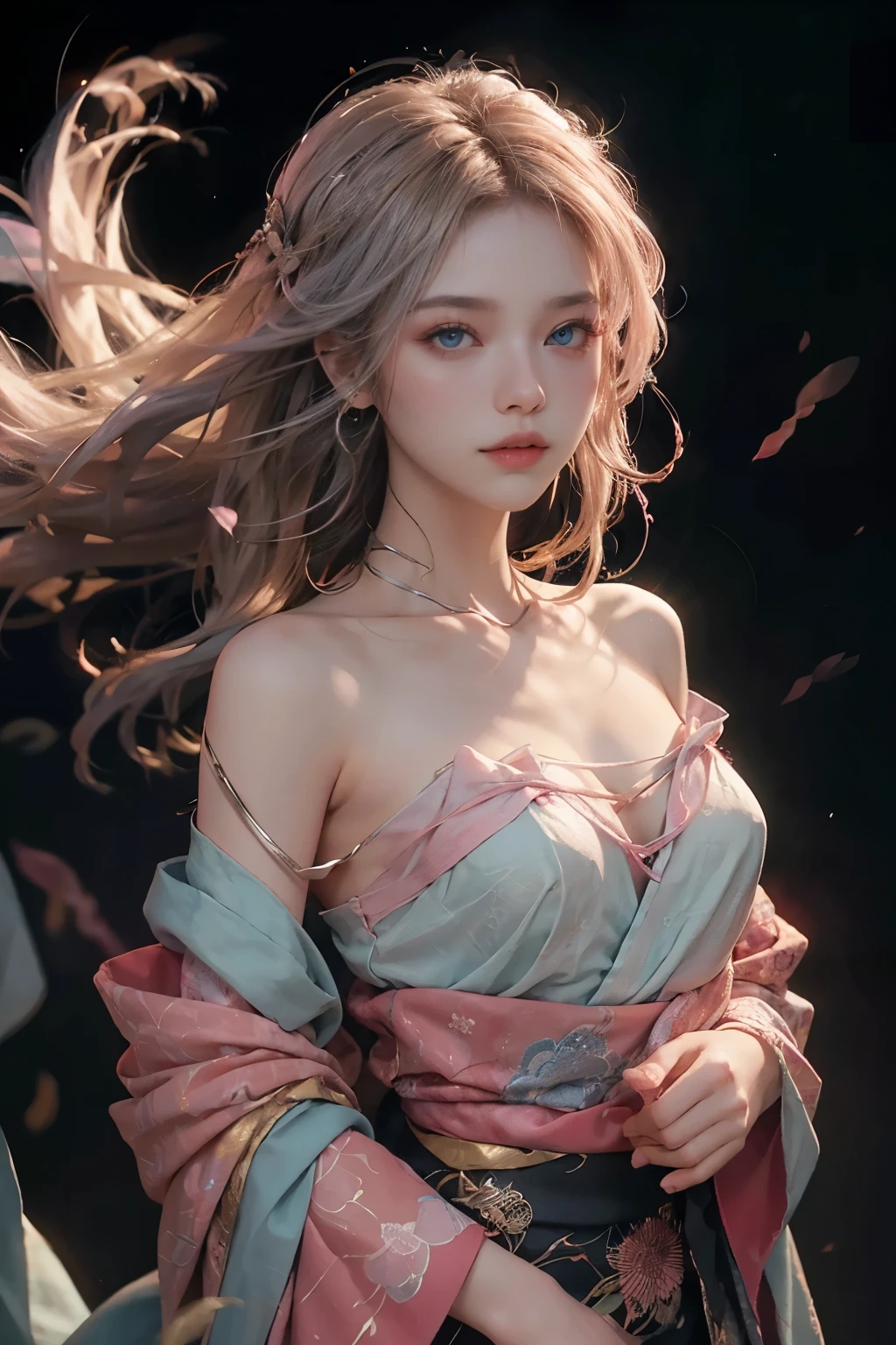 best quarity,Meisterwerk,super high res,(lifelike:1.4),Raw photo,1 Girl,blonde Hair,deep blueeyes,Detailed eyes and face,black business suit,Dynamic Lighting,in dark,Deep Shadow,OFFICIAL ART,Unity 8k wallpaper,hyper detailed,Beauty and aesthetics,ish high quality,beutiful,Meisterwerk,the best quality t,(zentangle,a Mandala,Tangles,Entanglement:0.6),elegance,Japanese shrine costumes,Streamers fly,Meisterwerk,best quarity,still from a movie,Floating in the sky,mingliang,joyful,Warm and soft lighting,Sundown,majestic,(Meisterwerk),Shoulders exposed skin,Small breasts,Small breasts,Flat Bust,sidebrilliance,Beautiful nipples,(Delicate and beautiful eyes:1.2 ),Pink and silver hair,Light pastel blue clothing fabric,Beautiful nipples,The beauty of the nearly naked body,