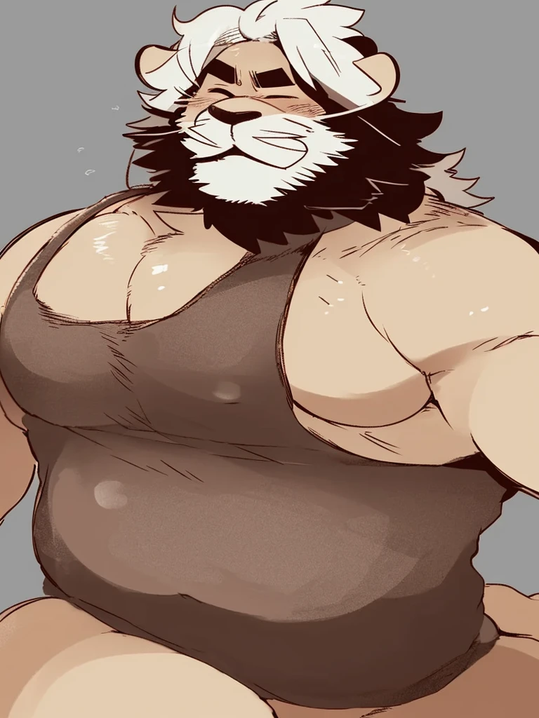 Chubby, furry,male , anthro lion, very plump, middle aged , mouth covered mustache,Thick beard, seductive , detailed , half body , tight tank top, extremely hot and sexy, eye closed, by hyaku ,by darkgem, by glitter trap boy