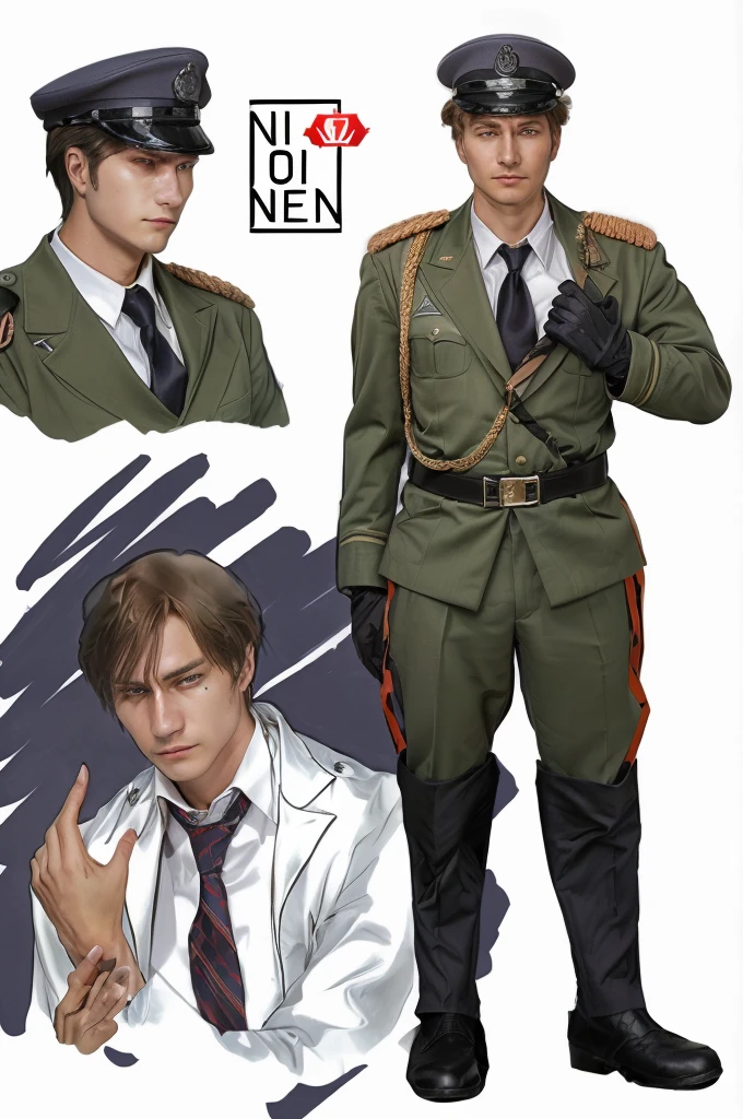 there are two pictures of a man in uniform with a tie, snk, detailed photography, photorrealistic, official photo shoot, 16K RAW photography, evil eyes