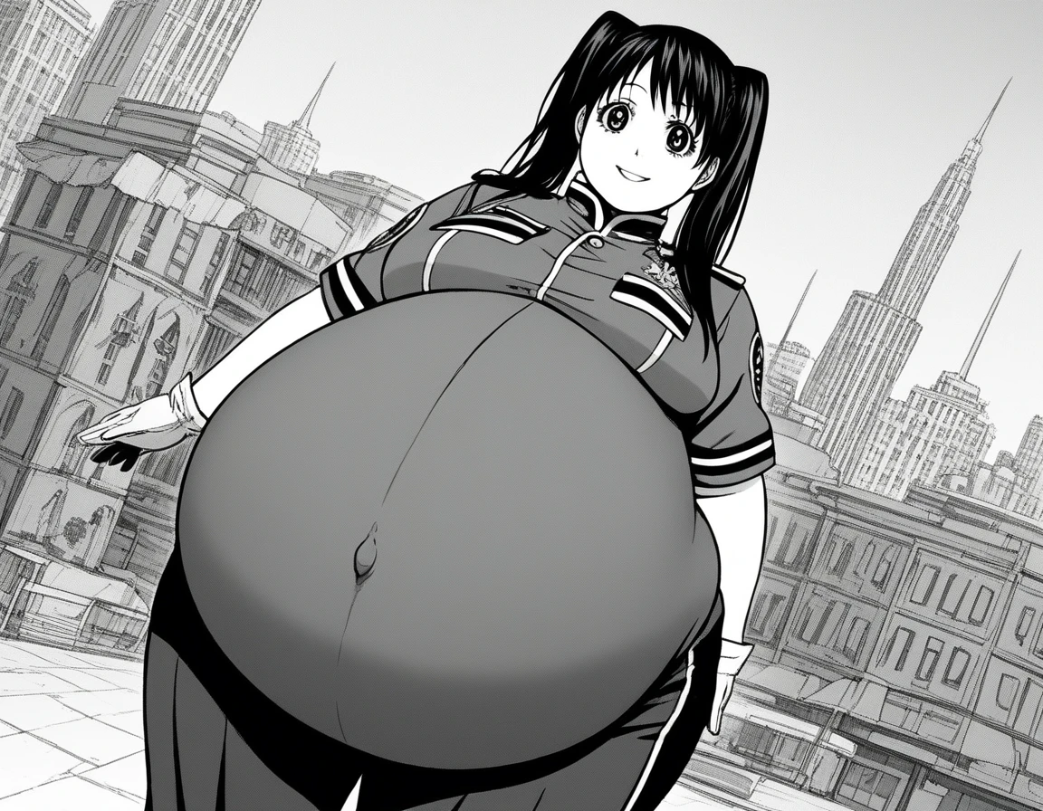 score_9, score_8_up, score_7_up, source_anime,
lenaleelee, lenalee lee, long hair, bangs, twintails, monochrome, greyscale,
gloves, uniform, military, military uniform,
outdoors, cityscape, smile, bent over,
looking at viewer, solo, cowboy shot, dutch angle,best quality, high resolution, unity 8k wallpaper, (illustration:0.8), (beautiful detailed eyes:1.6), extremely detailed face, perfect lighting, extremely detailed CG, (perfect hands, perfect anatomy),extremely obese, (obese belly):1.7, (obese legs):1.5, fat rolls, SSBBW Adeline body,(thicc:0.5), (WeightImmobile:1.3), (obese:1.2) (round face:1.3), huge belly, wide hips, from below, discoelysium, legs spread, muffin top, pudgy, Big Baby Bump pregnant, Big , Big pregnant Belly, Big Pregnant girl, Largest Belly of Pregnant, Huge Pregnancy, Huge 9 months Pregnancy Belly, huge belly expansion, huge belly girl, morbid obesity,800lbs,enormous fat belly, rolls of fat, fat thighs, Massively Bloated Abdomen, ridiculously large spherical Belly, oversized spherical stomach, ridiculously oversized pregnant belly, huge stomach