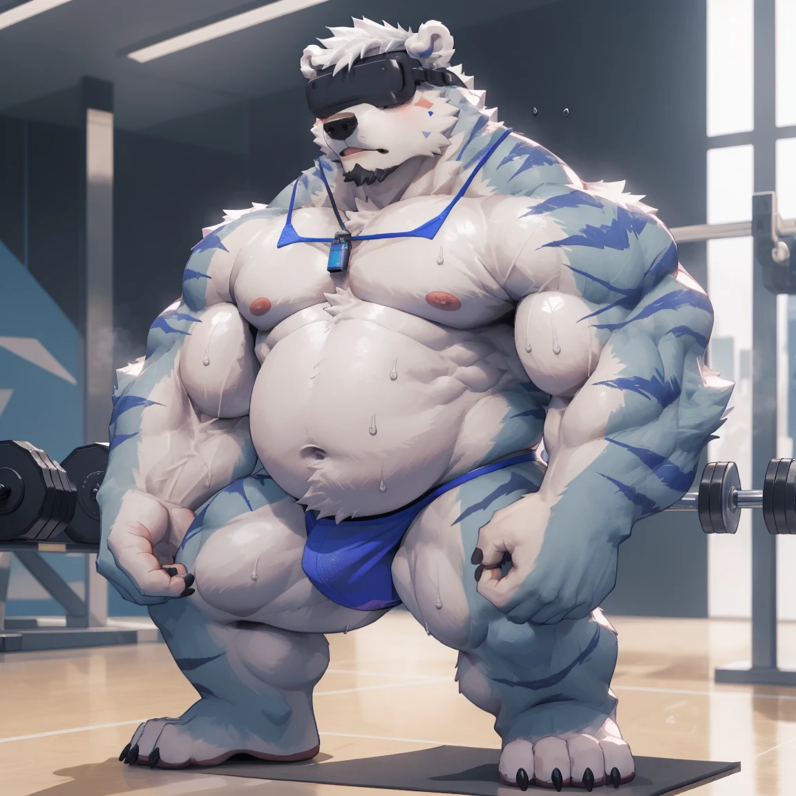 masterpiece, best quality, 8k resolution, Very detailed, hairy，(((polar bear))，(((Mature)))，(((Strong)))，(((White hair all over body)))，portrait，(((White hair)))，(((body blue stripes)))，(((Gym)))，For the audience，(((Dumbbell in hand)))，Highest quality scene，Solitary，solitary，(((whole body)))，(((Sweating)))，(((Half-squatted)))，(((thong)))，(((Shirtless)))，((Fat-enclosed muscle))，(((Shameful)))，((Blushing))，(((Round face)))，(((alone)))，((VR glasses))，(((Strong body)))，(((Hip bulge))),(((erectile)))