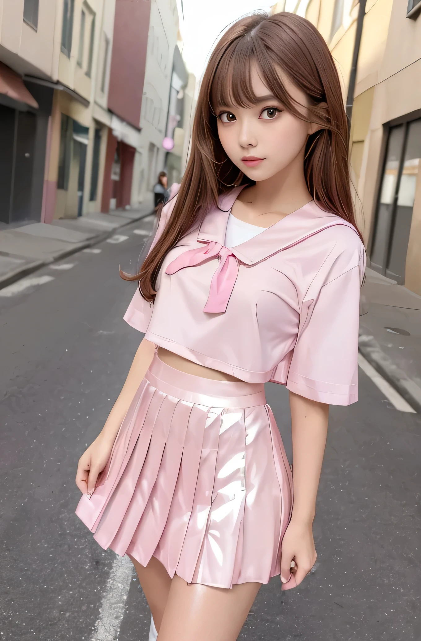 Angelic Very beautiful cute girl,
11 yo,
Beautiful detailed eyes,
Detailed double eyelids,
(Large eyes:1.4),
Long straight brown hair,
see-through bangs,
Sharp Focus,
small straight nose,
beautiful detailed face and eyes,
drooping eyes,
(Soft Saturation: 1.3),
(Fair skin: 1.2),
BREAK (super shiny pink sailor high school uniform:1.5),(super shiny pink pleated skirt :1.1), (high school uniform),
Walking,
Costume lighting,
In the street ,
(Brown hair:1.3)