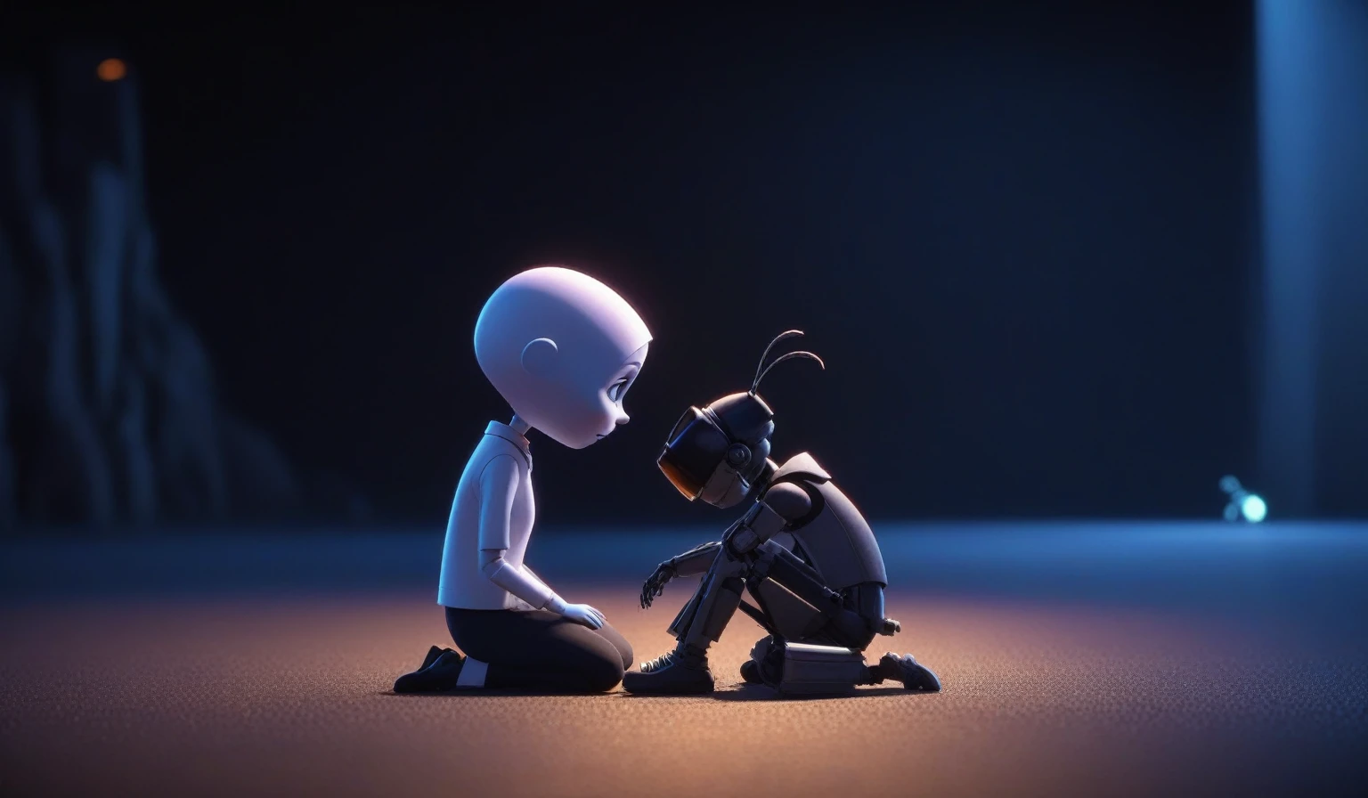 Create a simple and elegant“Love, Death, and Robots" logo, shedding niobium tears. The design should convey a strong sense of sadness and melancholy, using a minimalist approach with clear lines and using only high contrast deeply matte black, nicola samori,ben templsmith,Irina Yermolova,,pixar movie still, pixar movie screenshot, frame from pixar movie, animated movie still, still from the pixar movie, still from a pixar movie, disney pixar movie still, pixar movie scene, still from pixar movie, still from a 2001 pixar movie, pixar render, animated film still