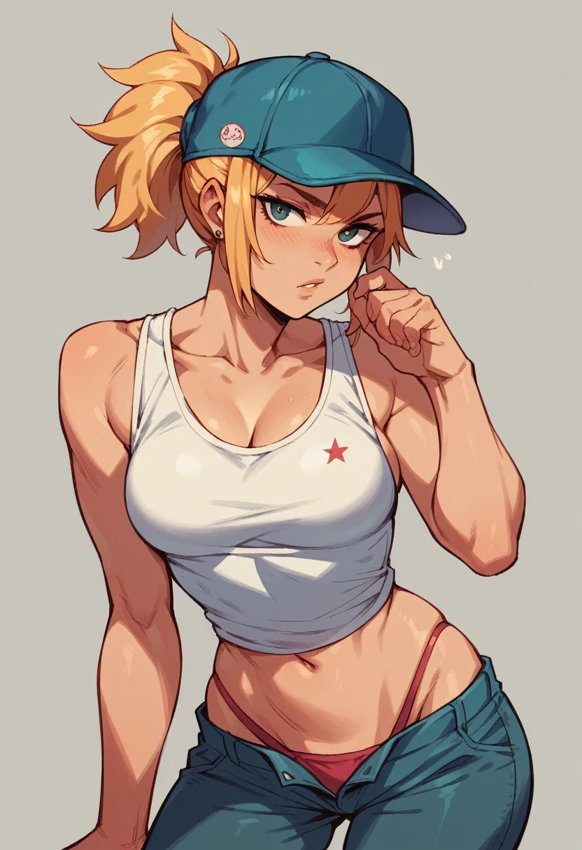 , thong, tanktop, baseball cap, short blond hair, 1girl