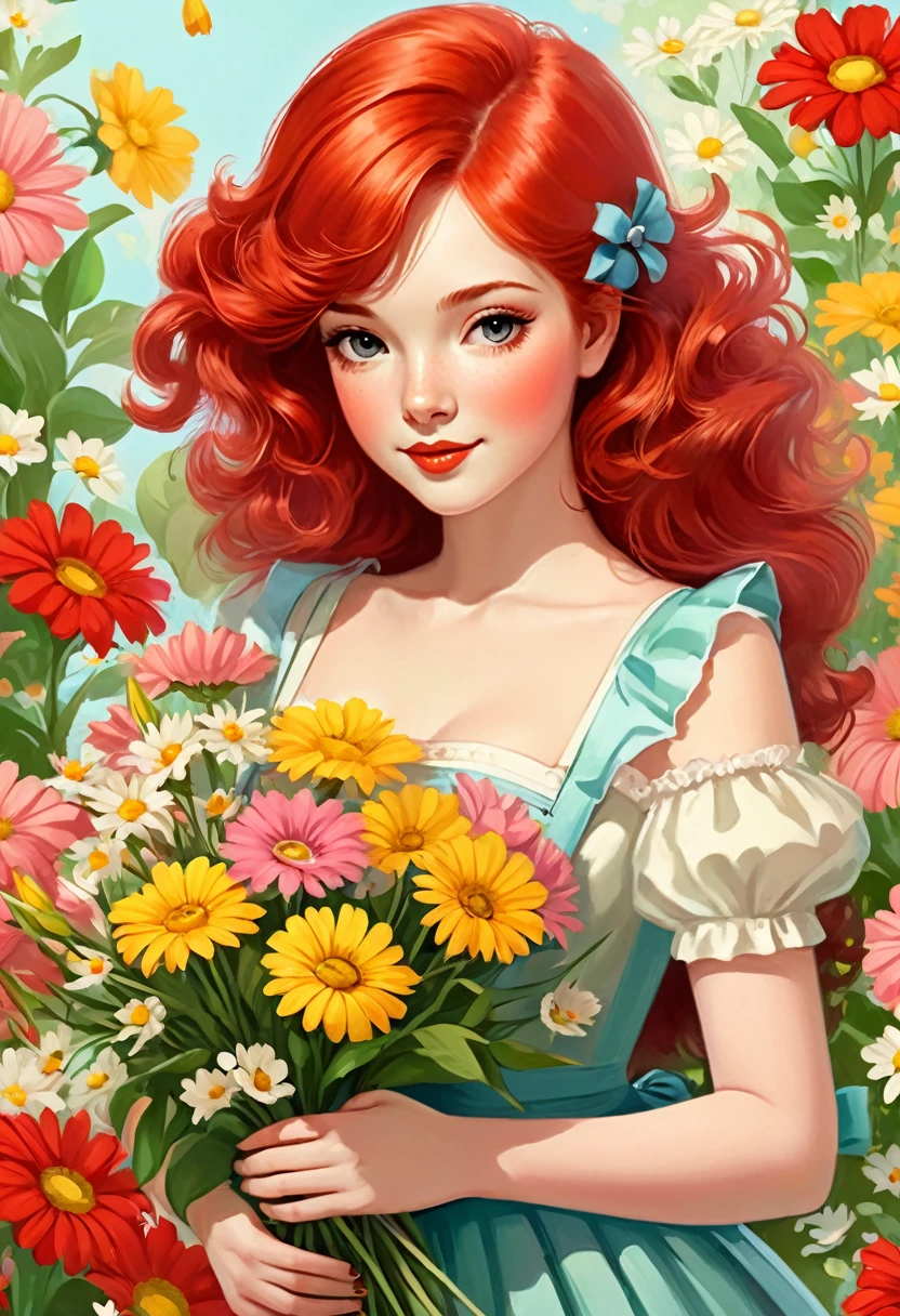 there is a red-haired girl holding a bunch of flowers, arte digital detalhada fofa, adorable digital painting, beautiful retro art, estilo de arte fofo, shoujo vintage, arte digital fofa, inspirado em Margaret Brundage, a beautiful art illustration, colorful illustration, mudar, beautiful digital illustration, arte fofa, arte detalhada fofa