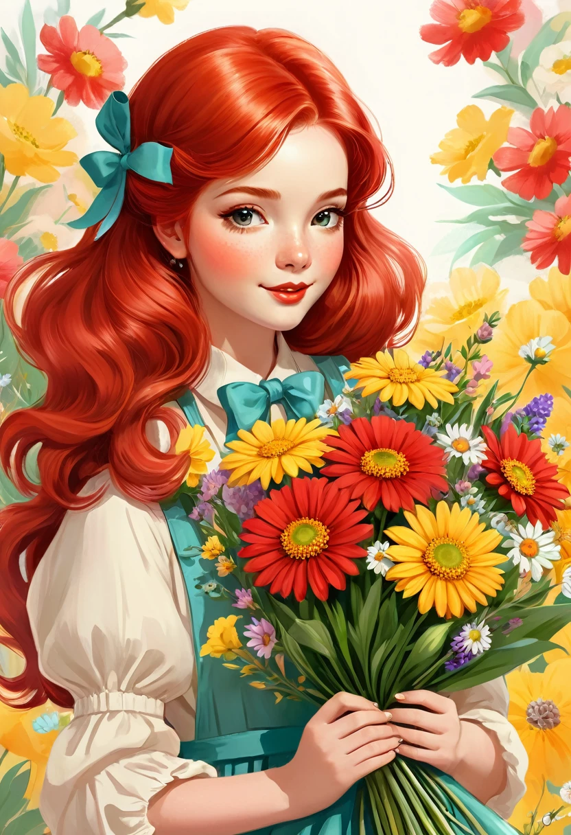 there is a red-haired girl holding a bunch of flowers, arte digital detalhada fofa, adorable digital painting, beautiful retro art, estilo de arte fofo, shoujo vintage, arte digital fofa, inspirado em Margaret Brundage, a beautiful art illustration, colorful illustration, mudar, beautiful digital illustration, arte fofa, arte detalhada fofa