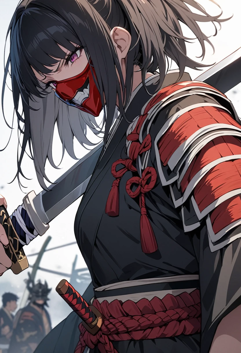masterpiece, highest quality, Very detailed, anime, A samurai, sword, holding 邪evilなオーラ, female, evil, Strong feeling, mask