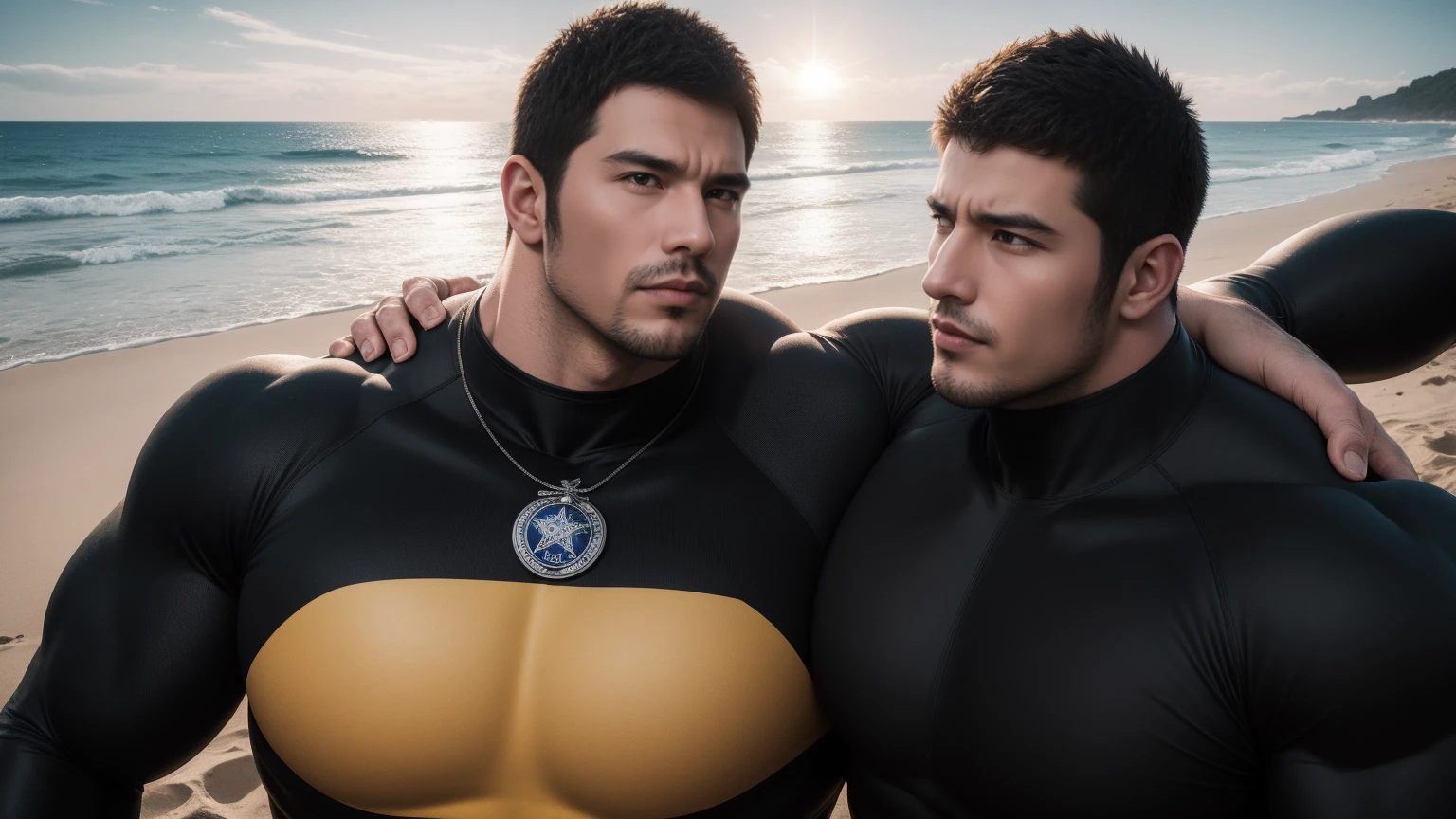 Super muscular man hugging, Open your mouth and scream,Look at each other affectionately,They embrace affectionately,short hair,Beach under the scorching sun, Wear a long-sleeved, deep-layered high-necked wetsuit, Thickened warm elastic texture,Beach by the sea,beautiful landscape,The expression is arrogant, Thick thighs, messy hair, Thick thighs, High-necked long-sleeved dark yellow high-necked tights, very tight, Regular symmetrical pattern, Highlight muscles, Police uniform pants, character concept(Resident Evil - chris redfield, chris redfield)A proud expression, Deep and charming eyes, Valiant male pose, tall Burly, muscular!muscular thighs, Tough Guy, Perfect facial features, High, Burly, Heqiang, Super exquisite and cool, High Resolution Committee, Attractive, The sun is blazing, Dazzling
