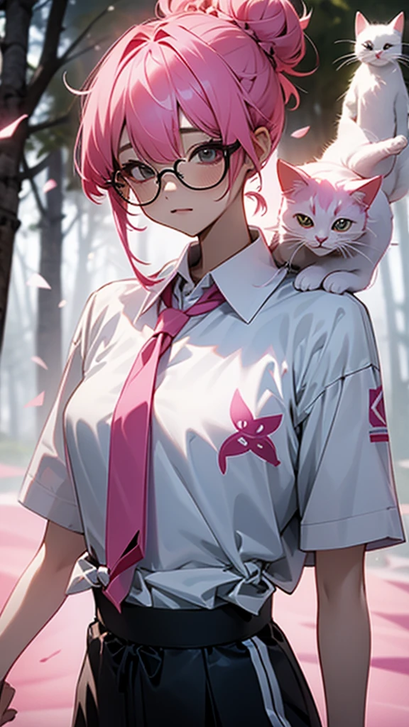 8k, ultra grafik,Korean descent, messy bun, pink hair, slim body, his shirt is tied and Korean style shorts, thin transparent glasses, with her cat in the forest