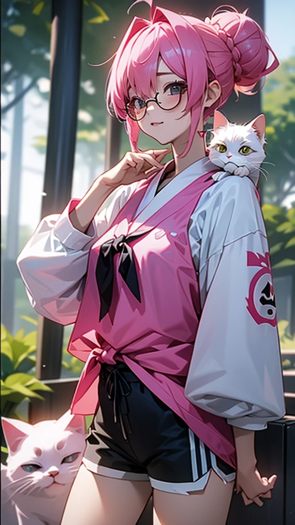 8k, ultra grafik,Korean descent, messy bun, pink hair, slim body, his shirt is tied and Korean style shorts, thin transparent glasses, with her cat in the forest