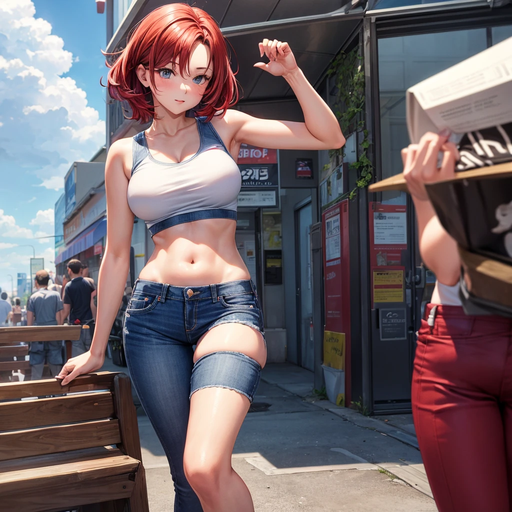 Nerdy girl,  hourglass figure,  shy, vibrant red hair,  short jean shorts,  cropped skin-tight tanktop 