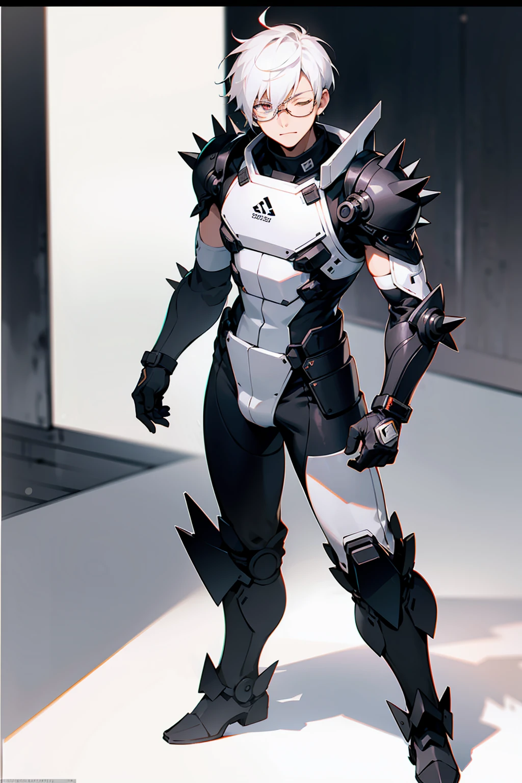 1male, Young Adult, White Hair, Eyes Closed, Short Hair, Spikey Hair, Dojo Background, Slight Smile, Glasses, Standing In City, Detailed background, Black and White Combat Suit