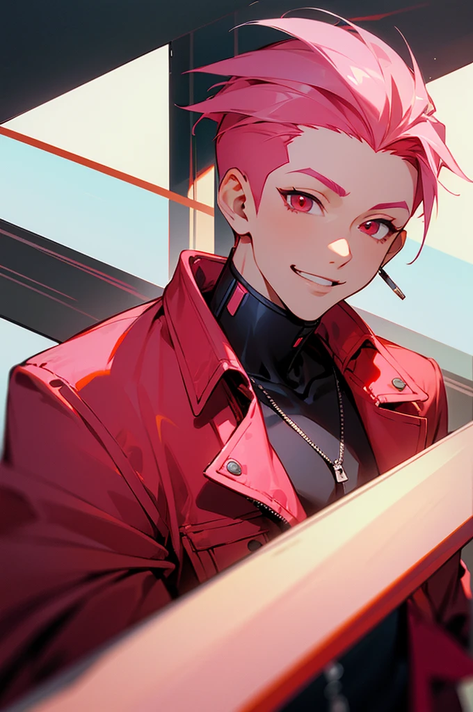 masterpiece, highest quality, cyber punk, 1 boy, alone, male focus, looking at the viewer,Upper body, facing forward,Depth of bounds written , pink hair,(disconnected undercut 1.5), Red eyes, smile, red jacket,(No background 1.5)