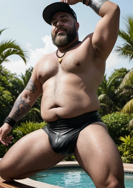 Angles from the bottom left side Focusing close to the groin, Chubby, fat, male middle aged,thin beard, Charmed , big chest, dynamic light, opened Shirt, Gray hair and beard, extremely hot and sexy, Daddy figure, hot daddy , dramatic,Only chubby daddy, Chubby Bear daddy, extremely thick thighs, large belly, fat, age 50, 1 chubby man (homem completamente de costa , He is facing away from the viewer only with his back turned,. Pool Scenario, beautiful mansion, Plantas Estilo urban jungle. Dia de sol, magnificent sky, sombras e luz no ambiente . He's bearded. gesturing with hands. gold chain around the neck, rings, clock, 💓, view from below, leather hat, armbands, leather cap,bondage outfit))), tattooed arms, full body tattooed, gesturing with hands towards the viewer, he is squatting for the viewer, a view from below near his crotch. He is smiling seductively.