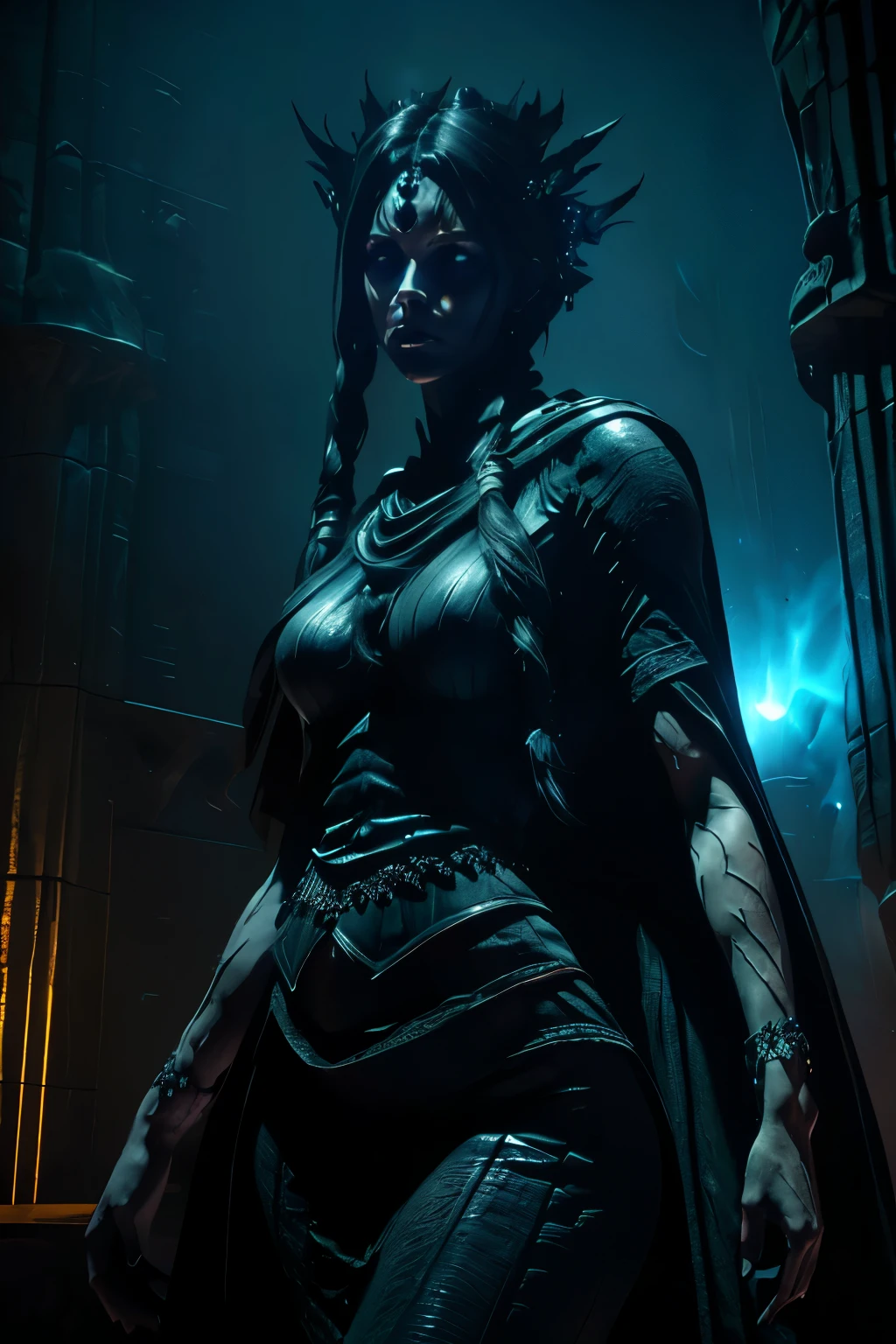  demonic goddess,  astarte, mysterious and ominous, glowing blue eyes, graceful yet sinister pose, dramatic lighting, moody and atmospheric, cinematic camera angle, (best quality,4k,8k,highres,masterpiece:1.2),ultra-detailed,(realistic,photorealistic,photo-realistic:1.37), volumetric lighting 