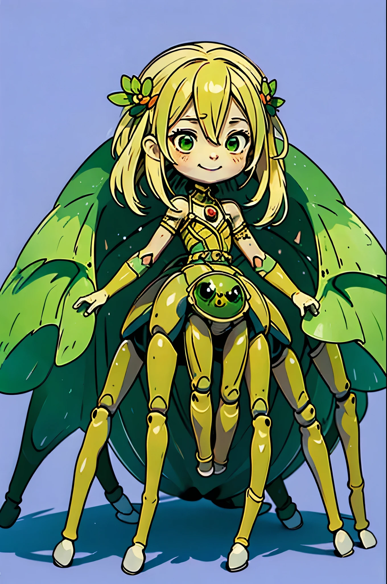 ((Masterpiece)), (((Top quality))), ((Ultra definition)), ((High quality face and limbs)), ((Arachne)), 1girl, sweet, kind, alone, young, soft, pure, semi human, monster musume, spider girl, spider legs, big long legs and long arms, scary, horror, bright blonde hair, very yellow hair, green skin, dress of spiderwebs, green innocent eyes, flat chest, smiling with delight, hades style, hadesstyle, hades2style, hades 2 style, Arachnea, silk weaver, Tartarus background, dragonfly wings, moth antenas on head