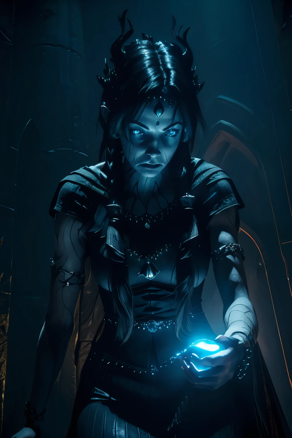  demonic goddess,  astarte, mysterious and ominous, glowing blue eyes, graceful yet sinister pose, dramatic lighting, moody and atmospheric, cinematic camera angle, (best quality,4k,8k,highres,masterpiece:1.2),ultra-detailed,(realistic,photorealistic,photo-realistic:1.37), volumetric lighting 