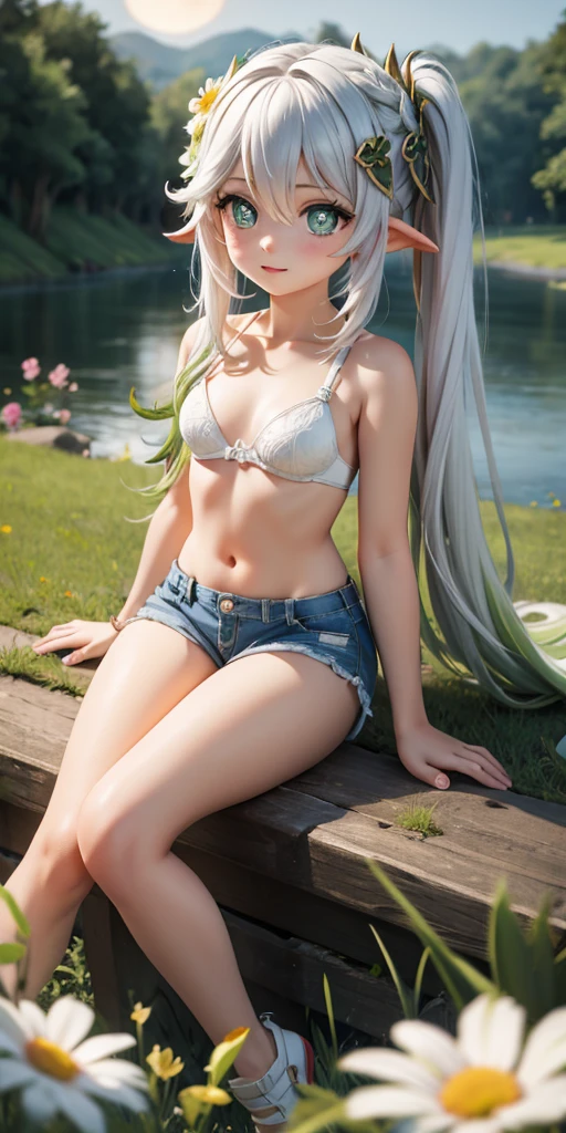(masterpiece, top quality), one girl with long white hair sitting in a field of green plants and flowers, warm moonlight, blurry foreground, , river bank, bra shorts, odd eyes