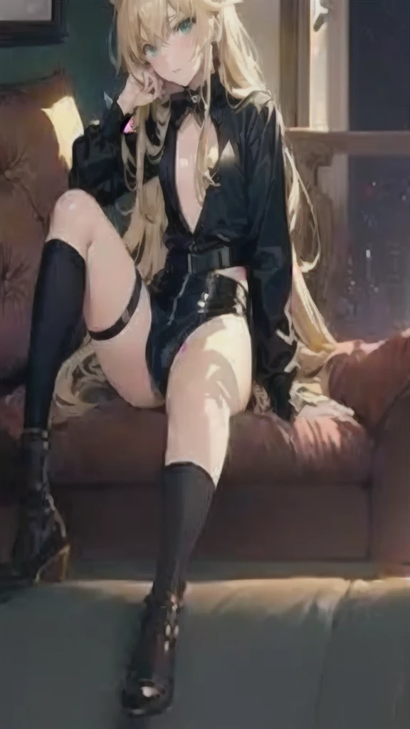 Anime girl sitting on the sofa with legs crossed, Attractive anime girl, from Girls' Frontline, fine details. Girls' Frontline, exposed thigh!!!, Sexy style, (SFW) Work, Artwork in the style of Guweiz, Extremely detailed artger, thigh!!!, Popularity on pixiv, Popular on cgstation, Tick, and loish and wlop