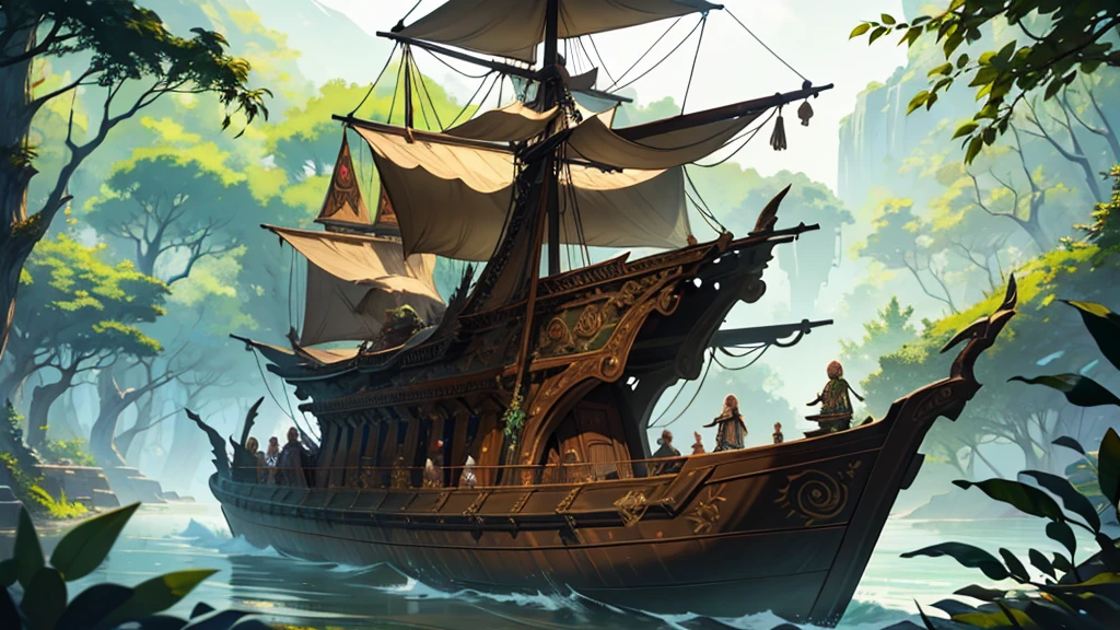a high fantasy elven style large wooden ship with very detailed intricate carvings on it, a large lush green leafy tree growing at the front of the ship