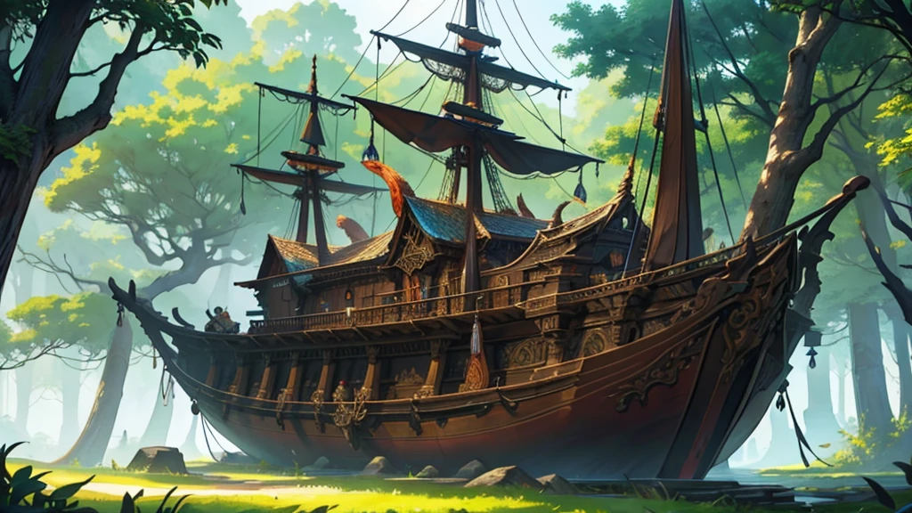 a high fantasy elven style large wooden ship with very detailed intricate carvings on it, a large lush green leafy tree growing at the front of the ship
