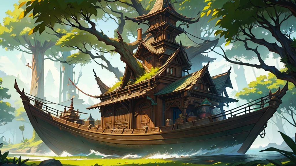 a high fantasy elven style large wooden ship with very detailed intricate carvings on it, a large lush green leafy tree growing at the front of the ship