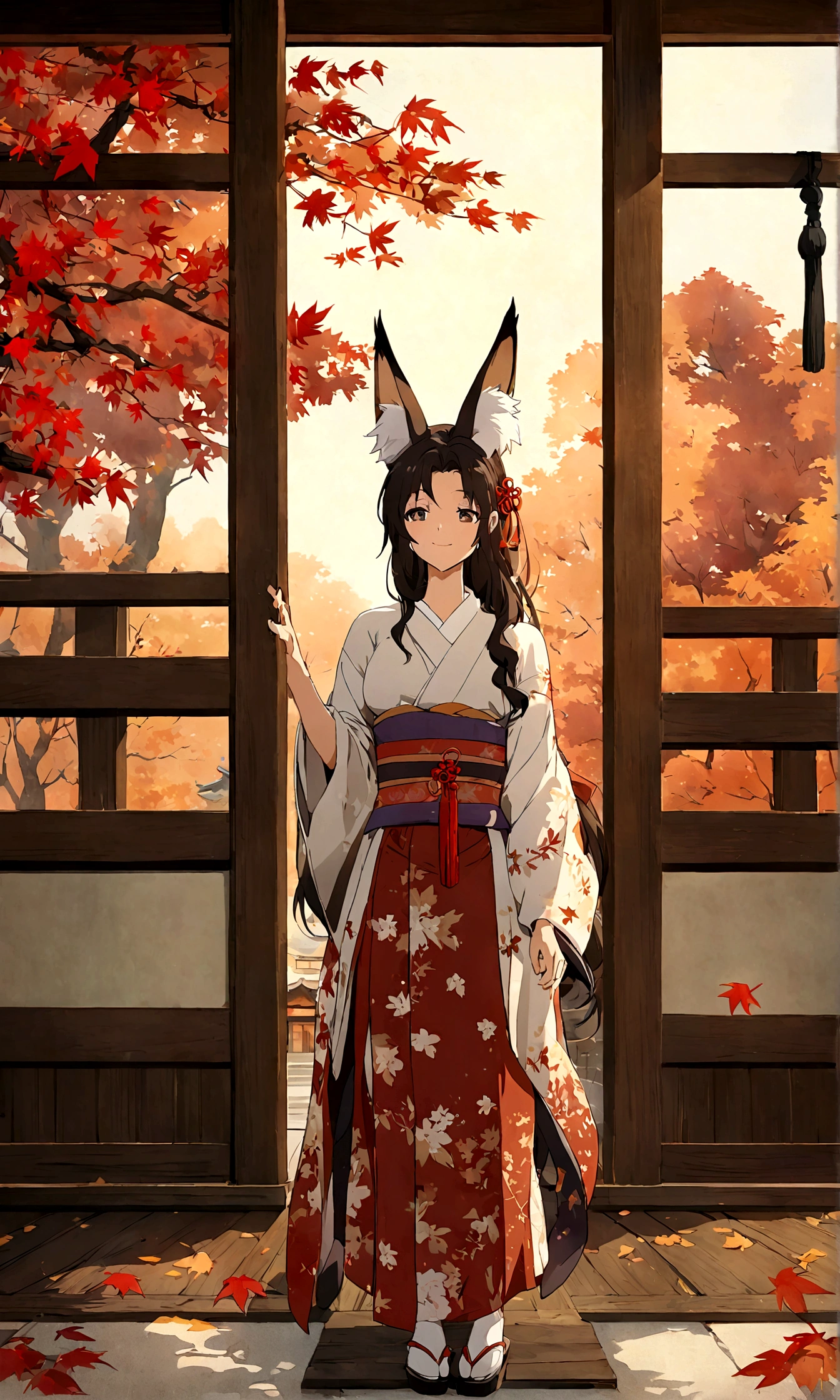 (Fox ears),Mature and elegant sister,身穿kimono的女性、long hair,(kimono,White tabi socks and clogs),shrine,shrine的少女,gentle smile,美丽的shrine风景,autumn,maple,Anime Background,Japanese art style,, 8K,Fallen Leaves