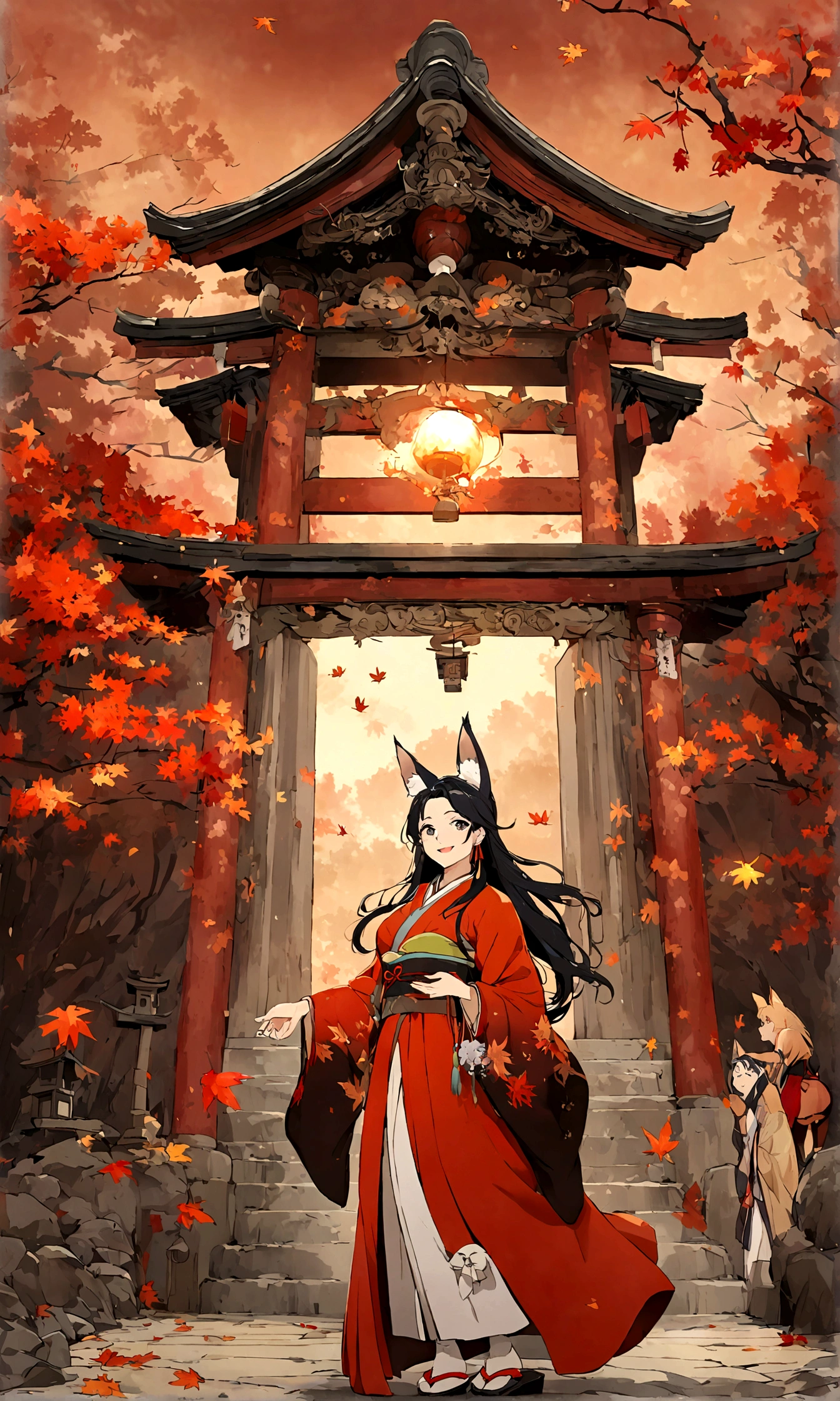 (Fox ears),Mature and elegant sister,身穿kimono的女性、long hair,(kimono,White tabi socks and clogs),shrine,shrine的少女,gentle smile,美丽的shrine风景,autumn,maple,Anime Background,Japanese art style,, 8K,Fallen Leaves