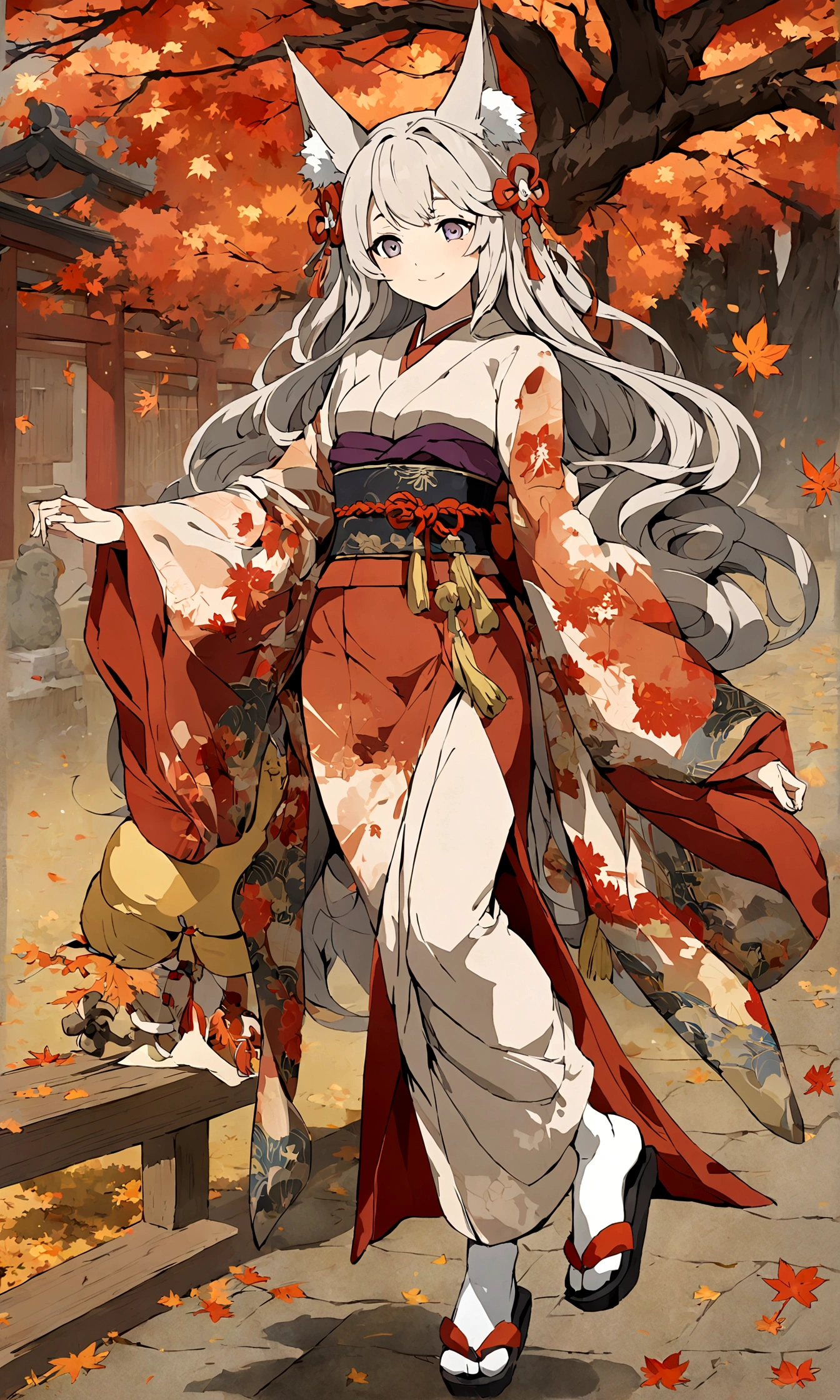 (Fox ears),Mature and elegant sister,身穿kimono的女性、long hair,(kimono,White tabi socks and clogs),shrine,shrine的少女,gentle smile,美丽的shrine风景,autumn,maple,Anime Background,Japanese art style,, 8K,Fallen Leaves