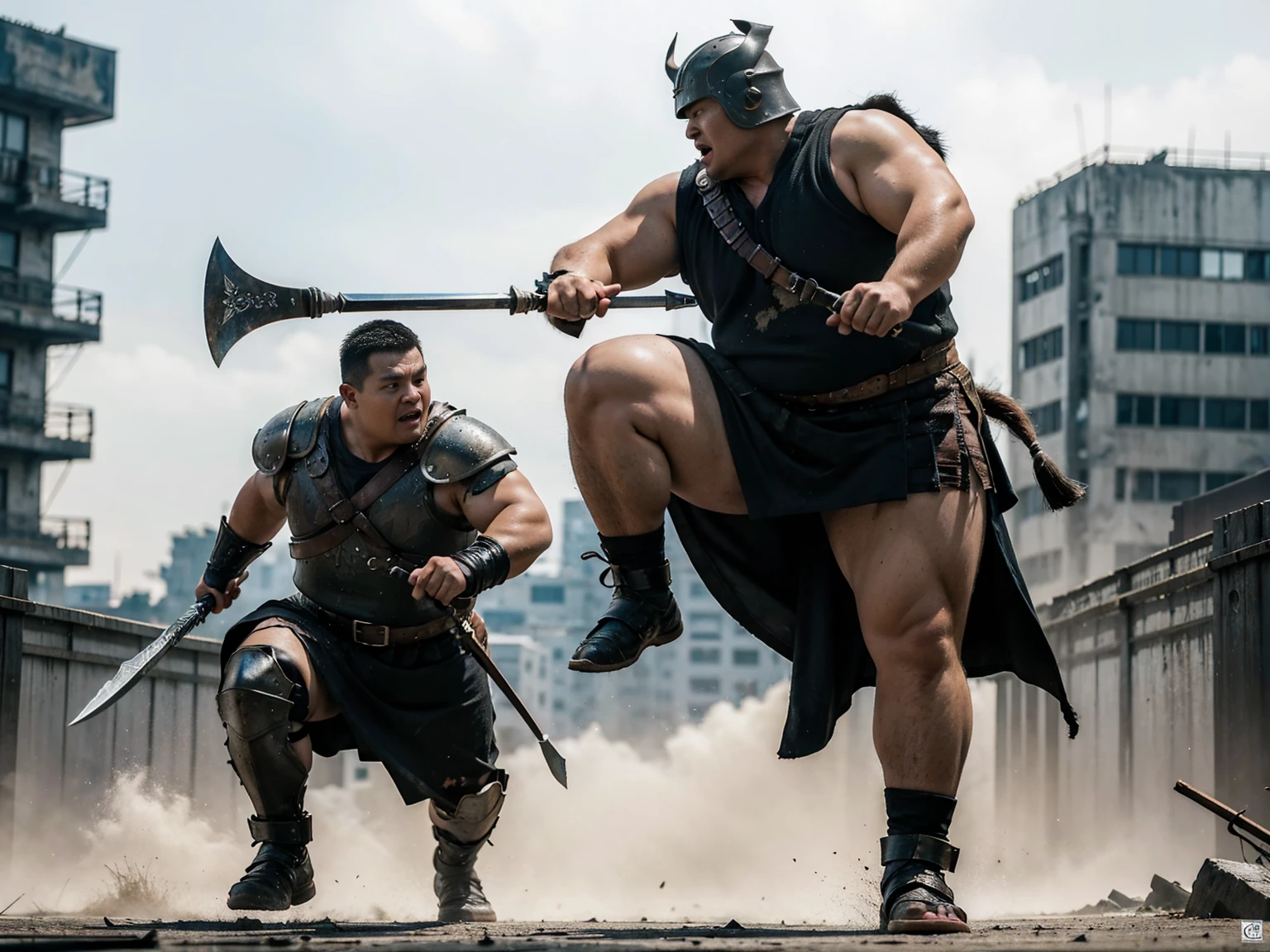 looking at us, Staring Intently, face focus, Bandit, Fat ferocious barbarian:2, This barbarian is a robust stocky Japanese, smirking, lets out a yell, mid combat, intense battle scene, leather and iron armor, armored short skirt, holding a Viking War Axes, viking helmet, legs exposed from thighs to feet, fierce warriors, ancient battlefields, epic showdown, battleground background, breathtaking action, masterpiece, volumetric lighting, Dramatic, Uighur the Warden, breathtaking action, dynamic poses, bald, ((ultra sharp)), ((masterpiece)), ((best quality)), ((ultra detailed)), ((intricate details)), Inguinal region detailed, Dilapidated, destroyed city after big air raids, fire, A desolate, post-apocalyptic cityscape, A brutal scene, casting an ominous shadow,