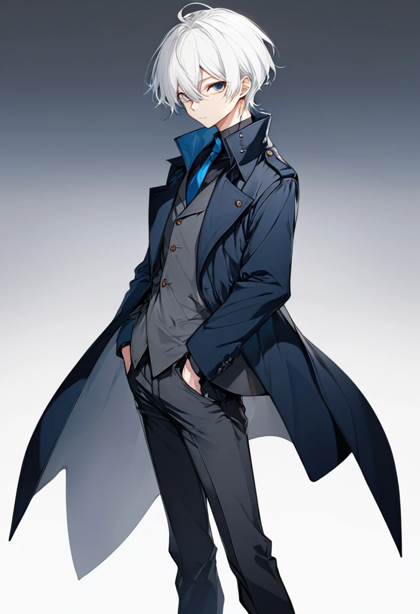 male, anime style, 2d, young, white hair, dark blue coat, dark grey pants, standing pose, no backgroind,  high definition