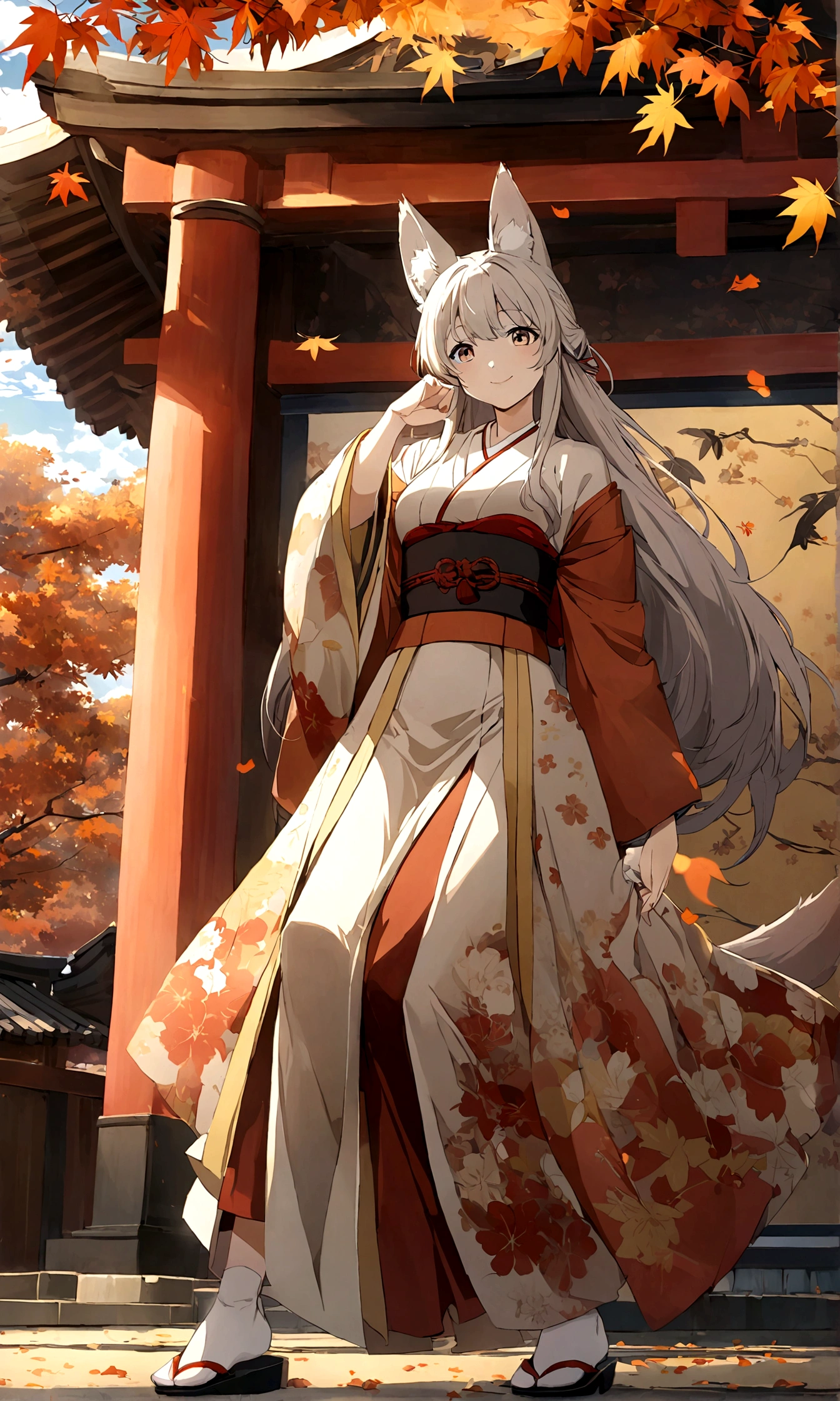 （Fox ears）， and elegant sister，身穿kimono的女性、long hair，（kimono，White tabi socks and clogs），shrine，shrine的少女，gentle smile，美丽的shrine风景，autumn,maple，Anime Background，Japanese art style,, 8K，Fallen Leaves