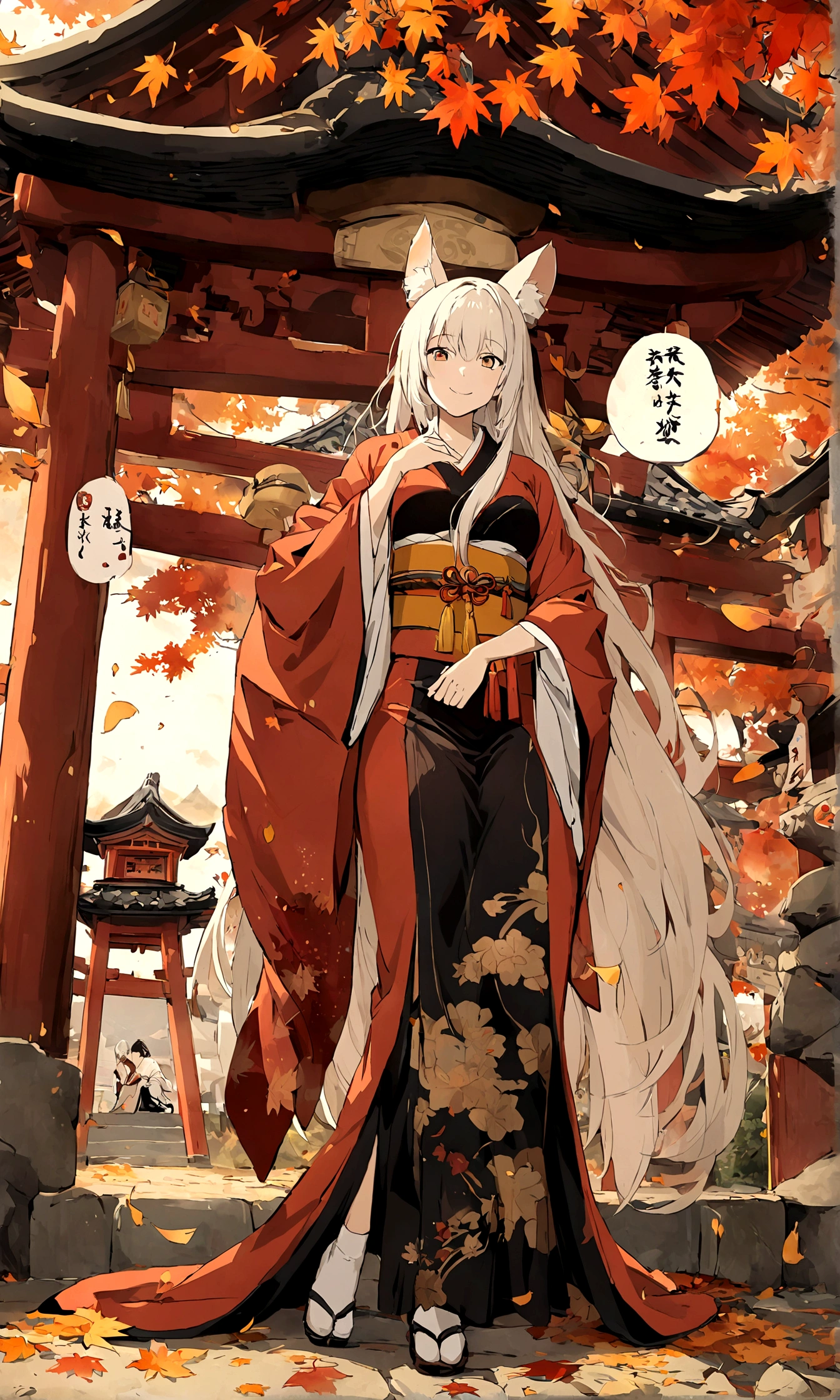 (Fox ears),Mature and elegant sister,身穿kimono的女性、long hair,(kimono,White tabi socks and clogs),shrine,shrine的少女,gentle smile,美丽的shrine风景,autumn,maple,Anime Background,Japanese art style,, 8K,Fallen Leaves