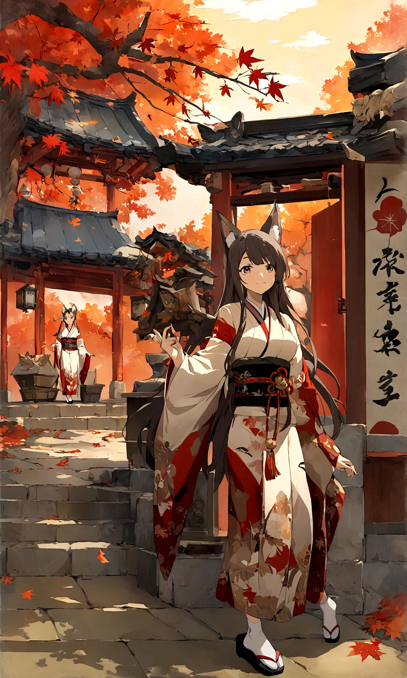 （Fox ears），Mature and elegant sister，身穿kimono的女性、long hair，（kimono，White tabi socks and clogs），shrine，shrine的少女，gentle smile，美丽的shrine风景，autumn,maple，Anime Background，Japanese art style,, 8K，Fallen Leaves