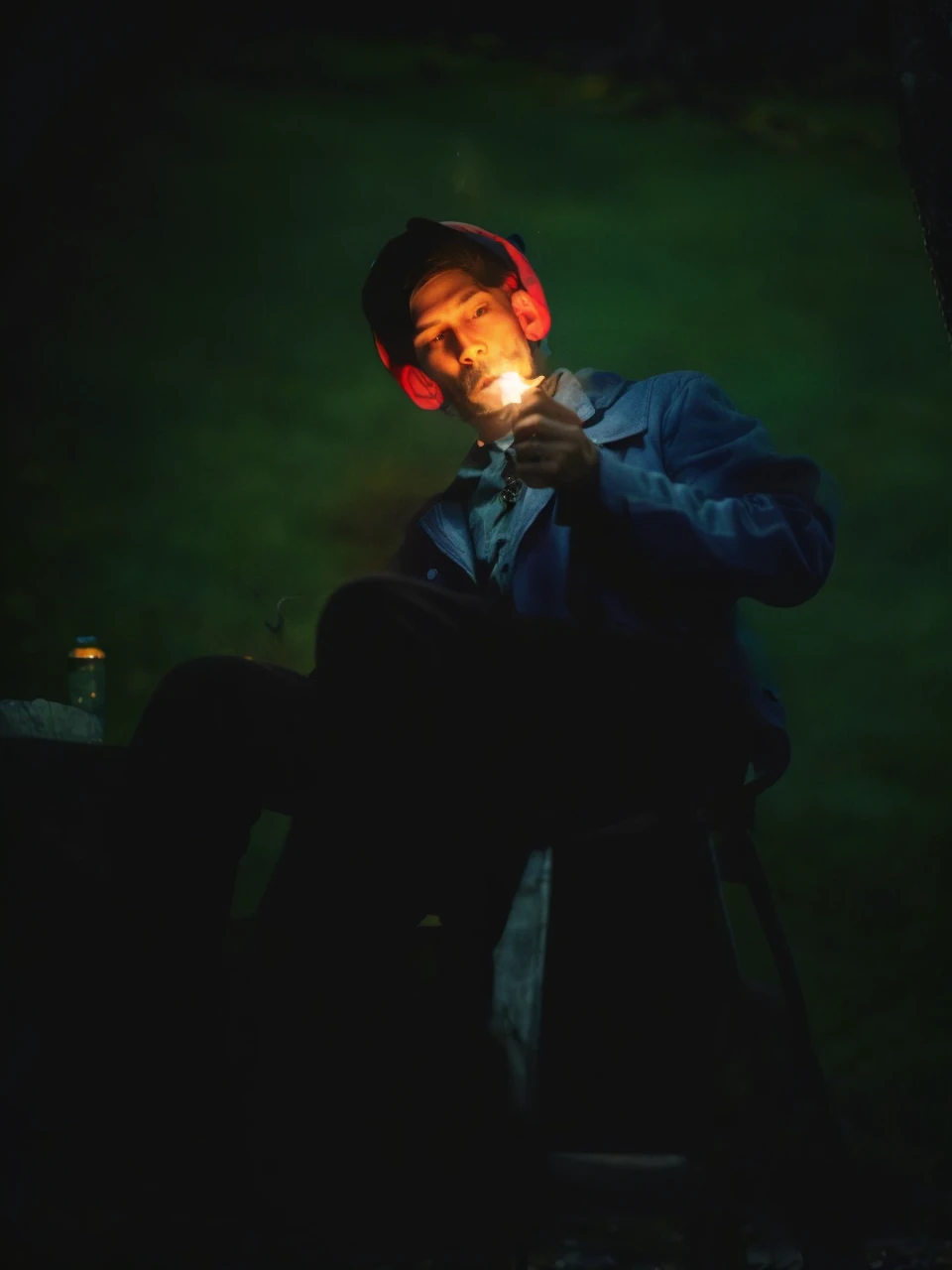 Man, skin melting, lighting cigarette, old chair, tree behind, dark forest background, image in dim light, torn blue coat, black pants with chain, combat boots, penetrating gaze, lit by torches, 