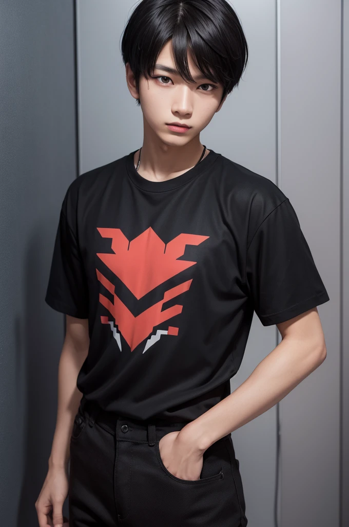 A minecraft player With a dark colored shirt Black colored pants Black hair Black eyes
