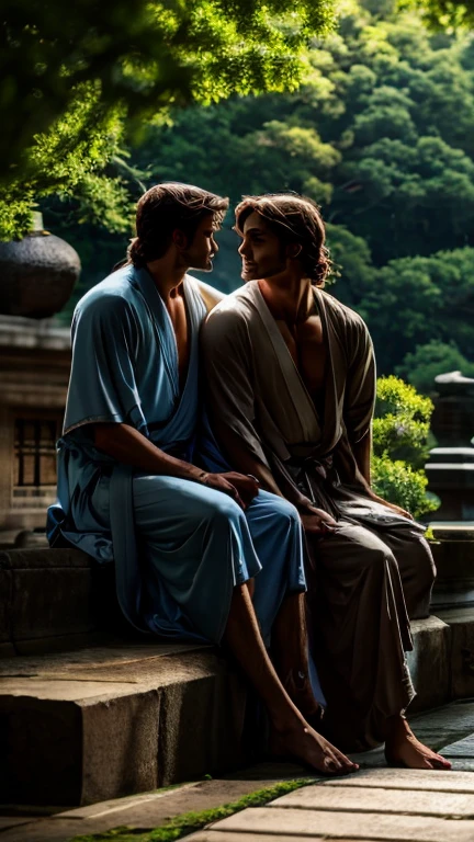 Two handsome, muscular young men with long combed hair in a low ponytail, wearing yukatas, sitting in front of a Japanese temple in the middle of the forest kissing next to a guardian dog statue.