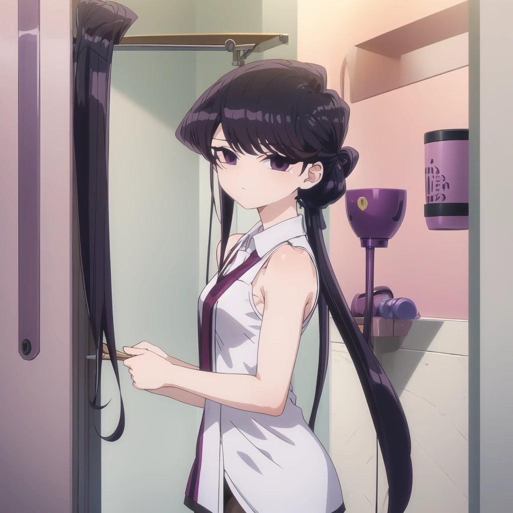 shokokomidef, purple hair, purple eyes, long hair,
absurdres, 1girl, looking at viewer, standing, v arms, pantyhose, bathroom, upper body, bath towel
masterpiece, best quality,