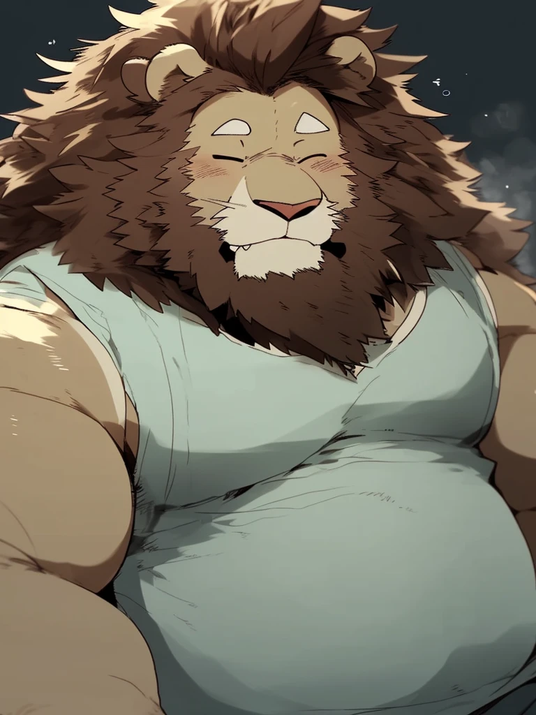 Chubby, furry,male , anthro lion, very plump, middle aged  , mouth covered mustache,Thick beard, seductive  , detailed , half body , tight tank top, extremely hot and sexy, eye closed, by hyaku ,by darkgem, by glitter trap boy