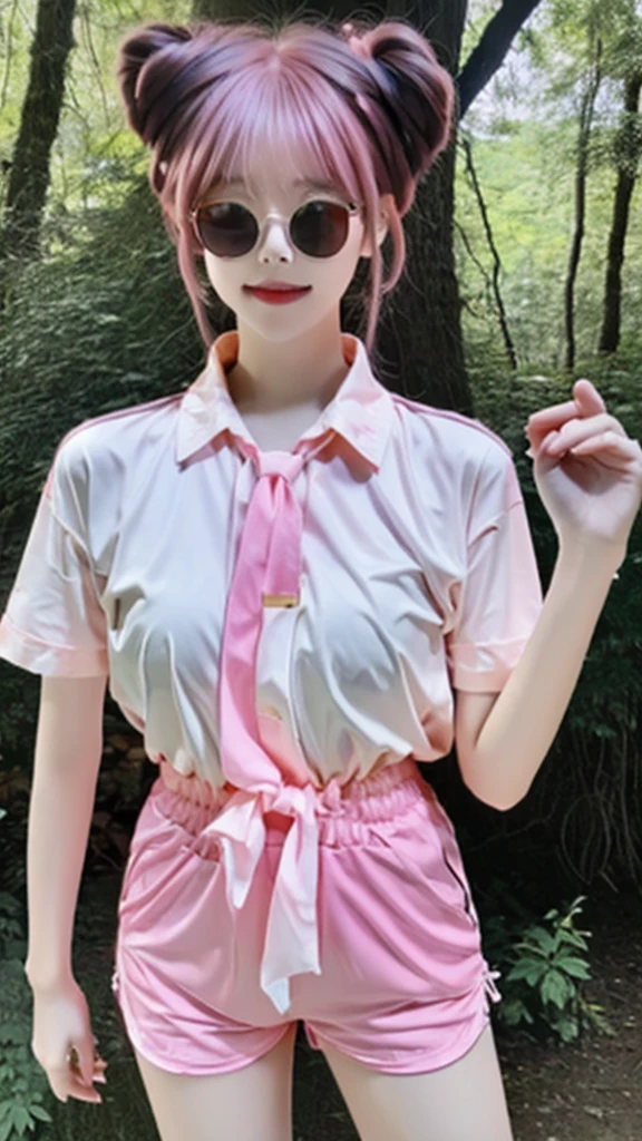 8k, ultra grafik,Korean descent, messy bun, pink hair, slim body, his shirt is tied and Korean style shorts, thin transparent glasses, with her cat in the forest