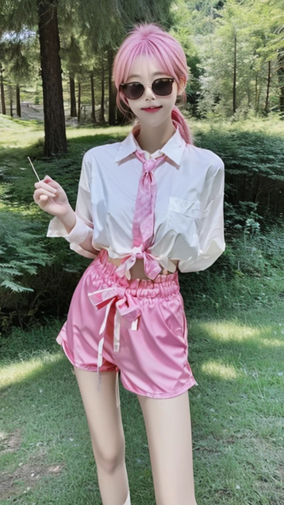 8k, ultra grafik,Korean descent, messy bun, pink hair, slim body, his shirt is tied and Korean style shorts, thin transparent glasses, with her cat in the forest