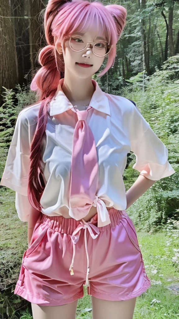 8k, ultra grafik,Korean descent, messy bun, pink hair, slim body, his shirt is tied and Korean style shorts, thin transparent glasses, with her cat in the forest