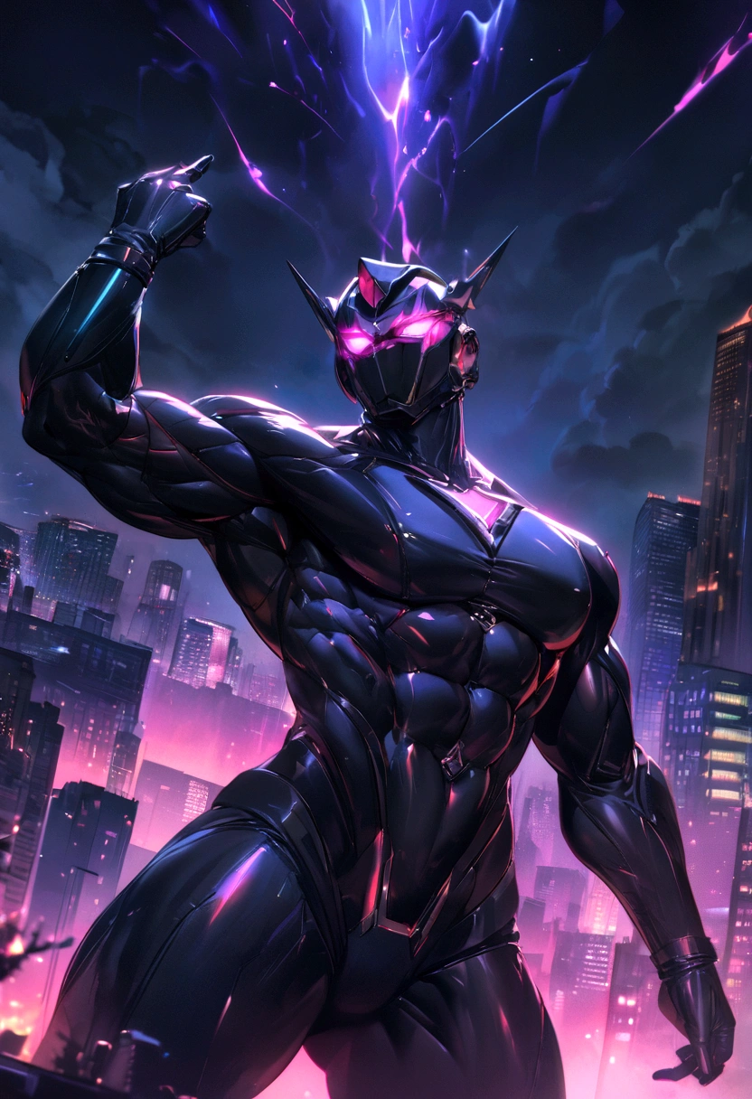 chrome gothic dark night, very strong muscle, chrome dark cibernetic suit, city around, night, dark energy around, luminous eyes, cosmic rays around of the body, ultra 8k high quality, masterpiece