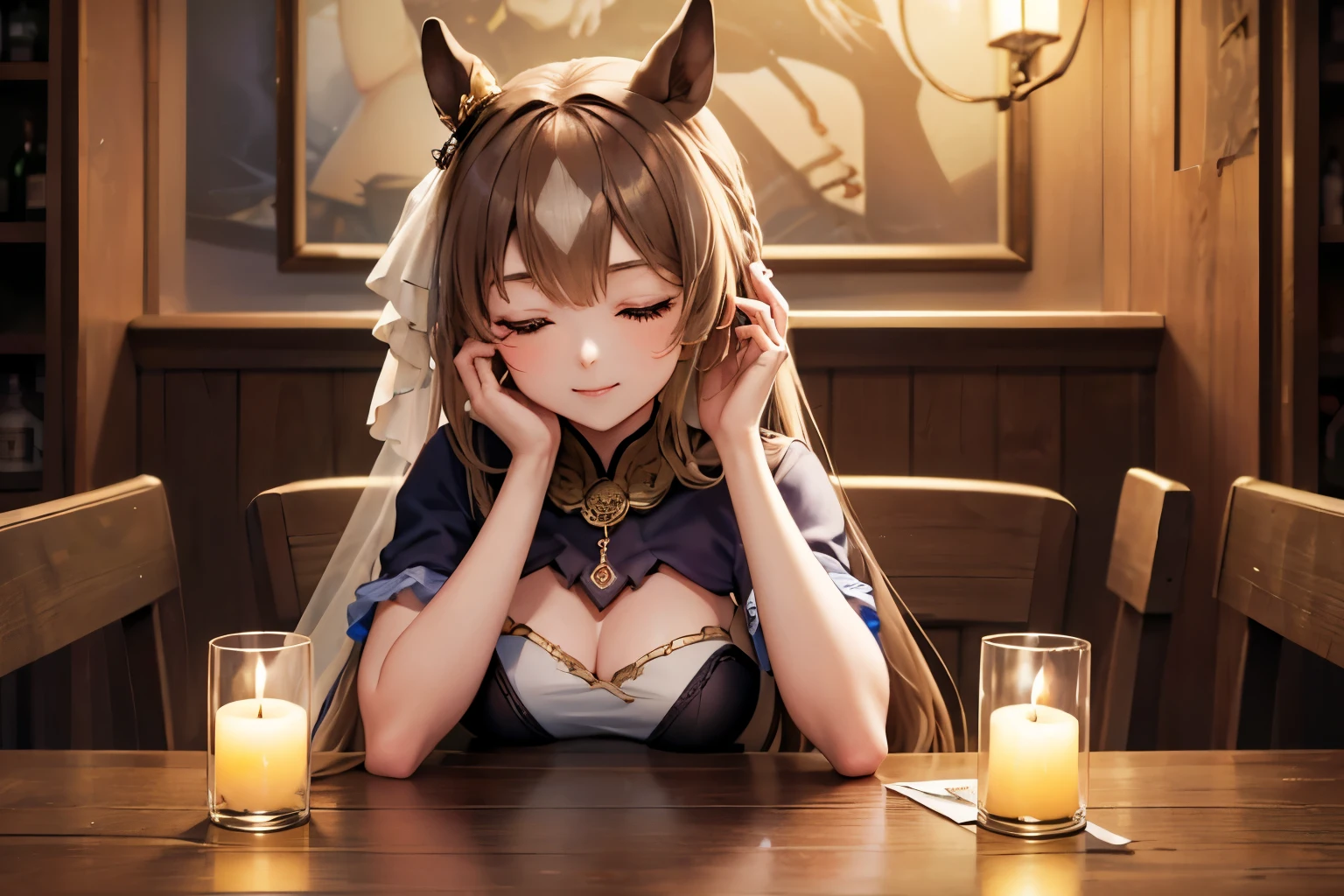 As the night progresses、16In a medieval tavern、Around the table、The inside of the shop is lit by lanterns.、Among the men enthusiastically drinking beer in celebration of their victory、A beautiful girl is sitting in the front seat, sleeping with one hand on the desk、Her hair is golden and long、The protective gear must cover the breasts.、With a dagger at his waist、The long sword is placed next to the chair.、Wear a great outfit、A girl who looks good with a smile is one of the heroeedieval period。Sailor Moon is sleeping。I get drunk、Her face is flushed red and her mouth is smiling peacefully.。I wanted to leave her alone and she was sleeping soundly under a gorgeous silk blanket.。fall into a deep, deep sleep、Eyes are closed。I fall asleep carelessly without being on guard.。There is a candle flame on the desk, burning in an empty bottle.。